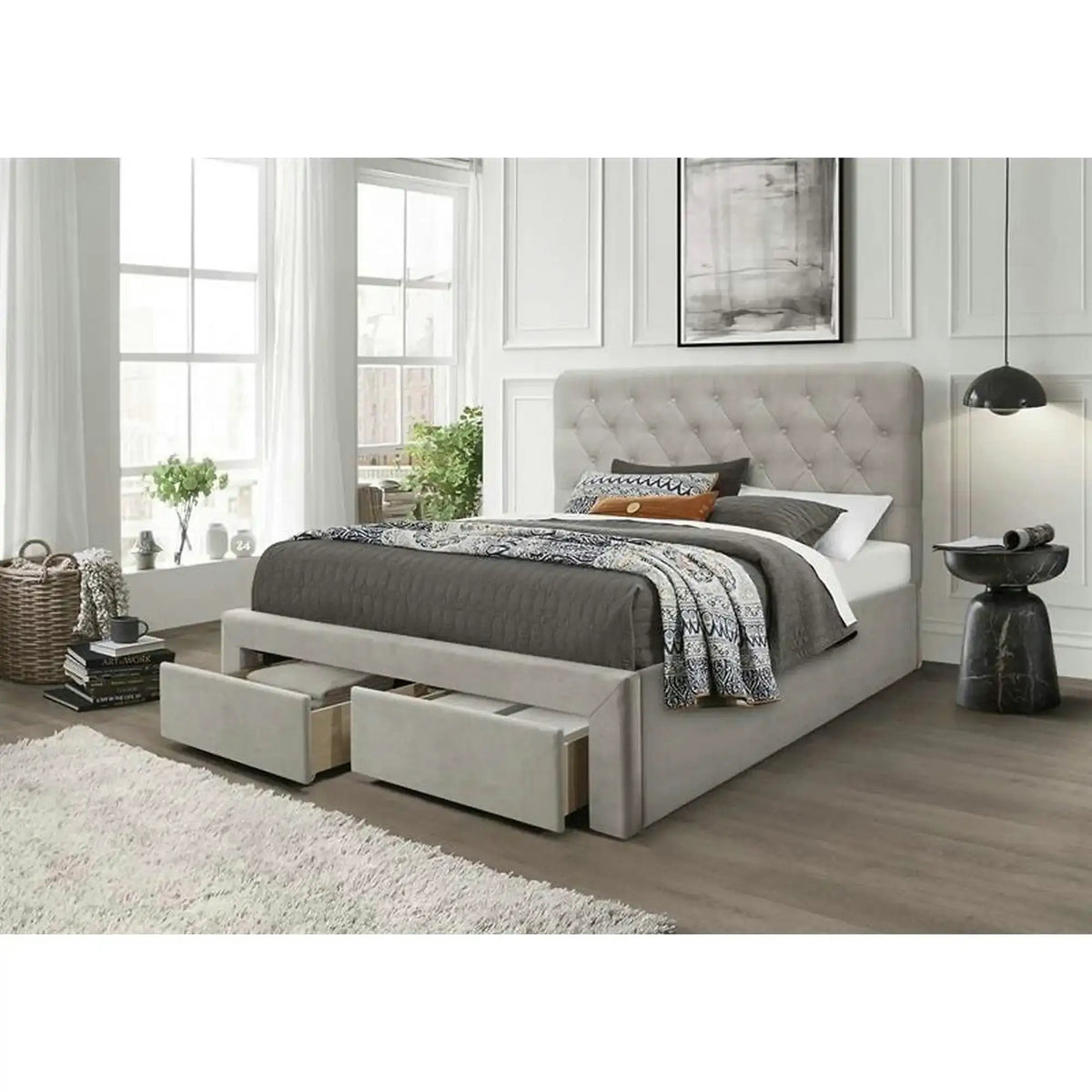 Pat 160x200 cu sertar MARISOL, stofa catifelata bej, cu somiera