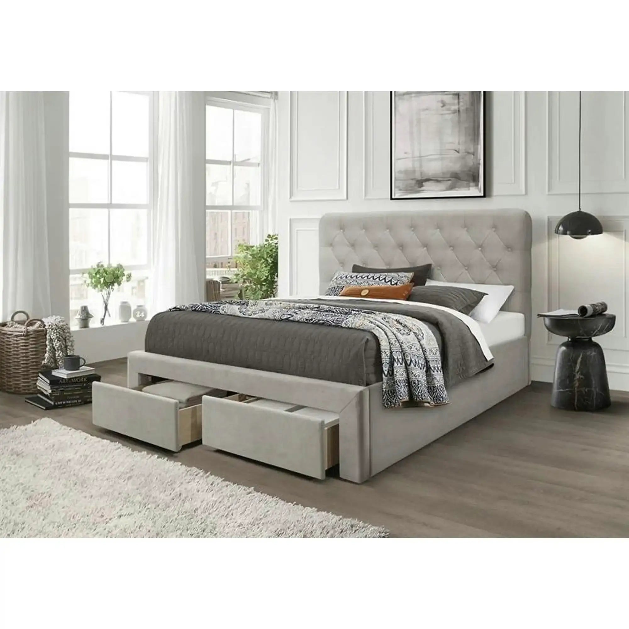 Pat 160x200 cu sertar MARISOL, stofa catifelata bej, cu somiera