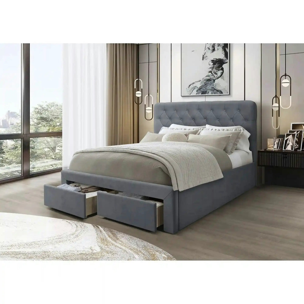 Pat 160x200 cu sertar MARISOL, stofa catifelata gri, cu somiera