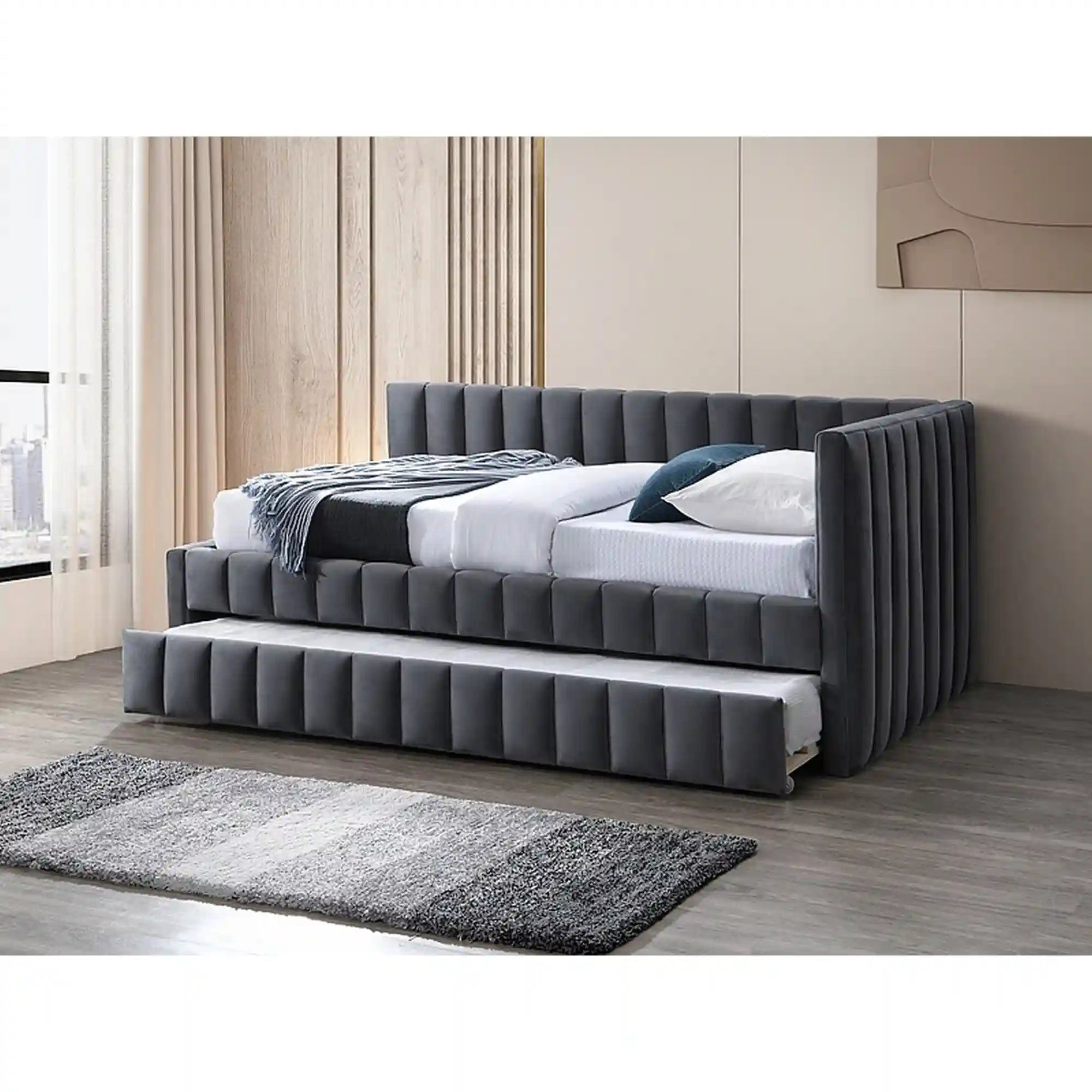 Pat ALFIE 120x200, stofa catifelata gri - Bluvel 14, cu somiera si corp aditional