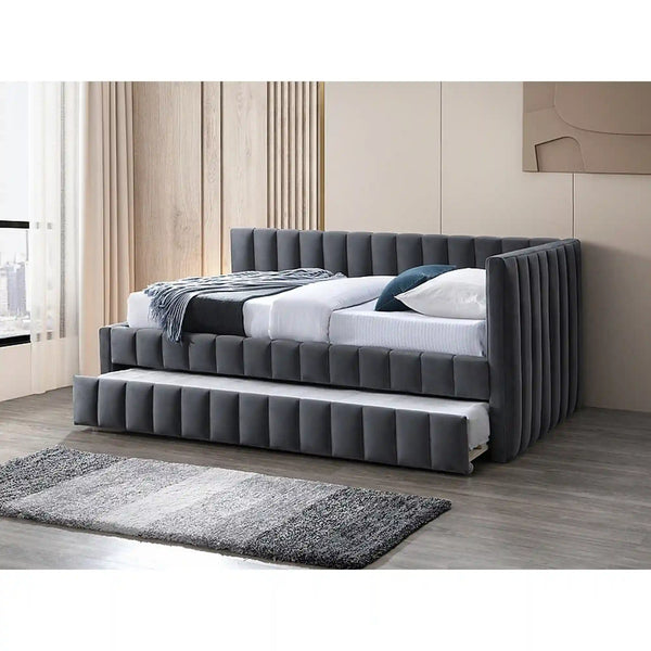 Pat ALFIE 120x200, stofa catifelata gri - Bluvel 14, cu somiera si corp aditional