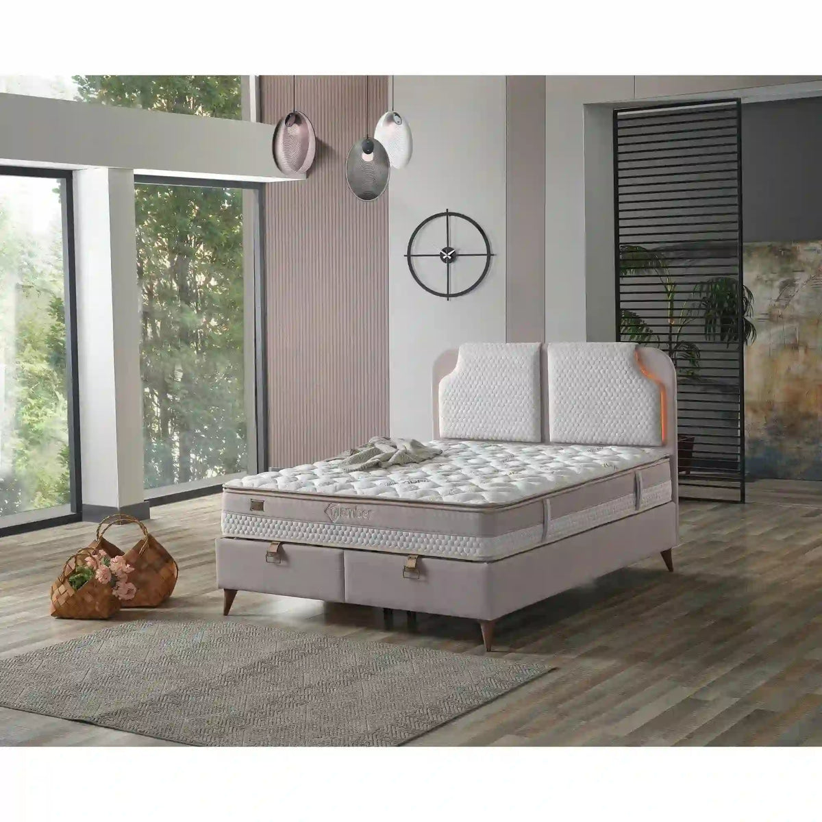 Pat AMBER 160x200, stofa catifelata grej - Wooly 70, cu somiera si spatiu depozitare