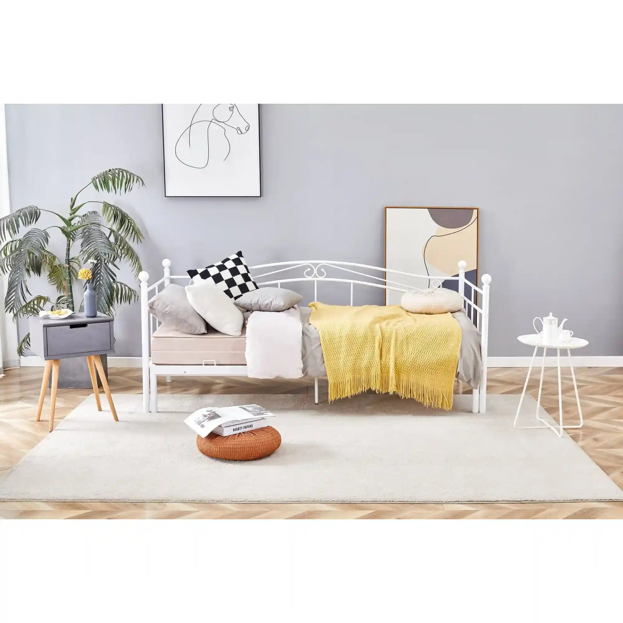 Pat ARIZA 90x200/180x200, alb, otel, cu somiera