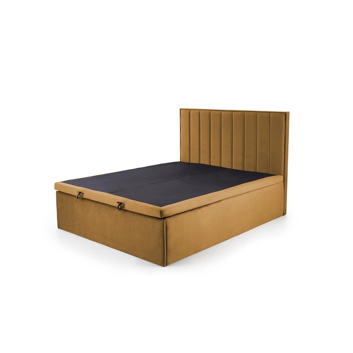 Pat ASENTO 160x200, stofa catifelata galben mustar - Element 8, cu suport saltea si spatiu depozitare