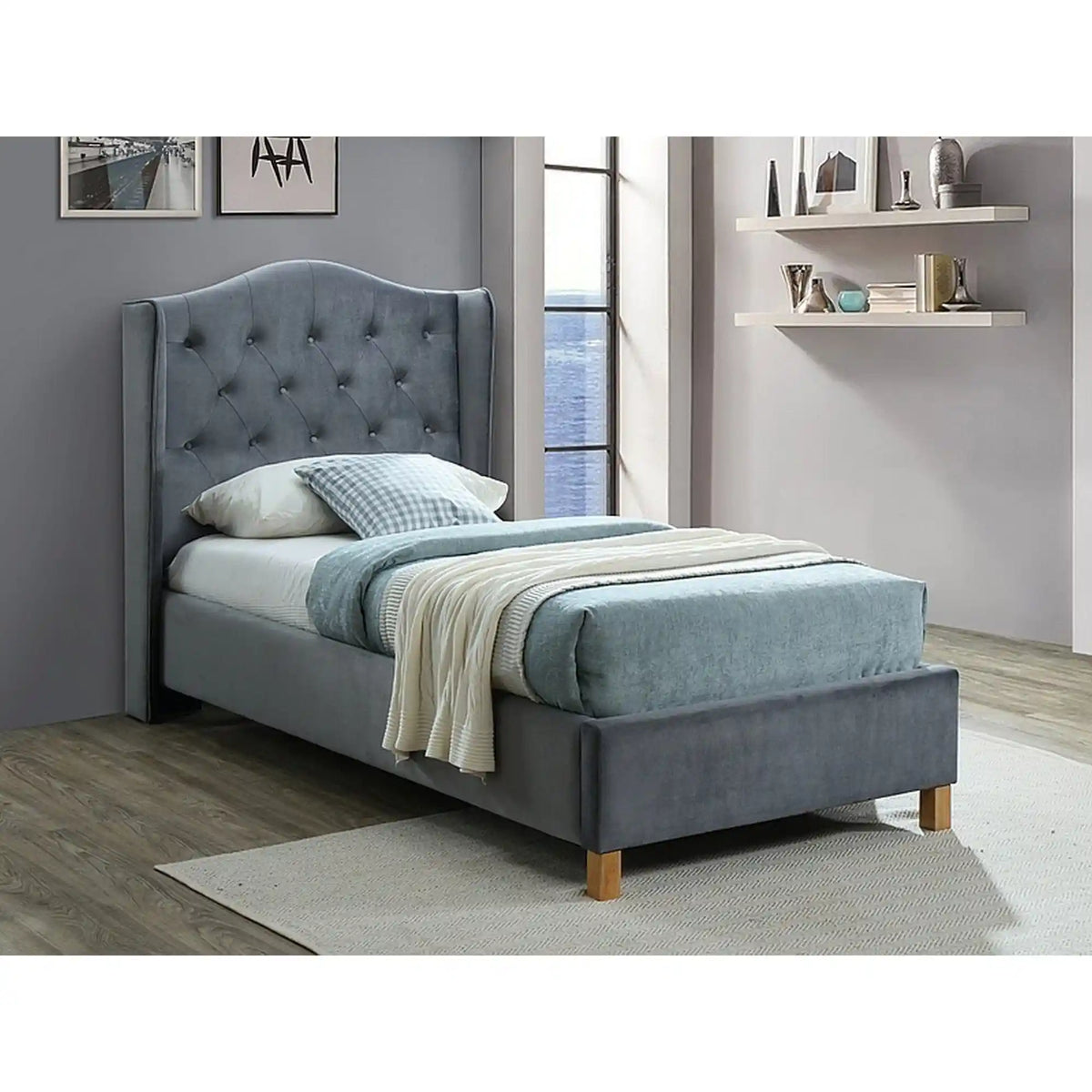 Pat ASPEN 90x200, stofa catifelata gri - Bluvel 14, cu somiera