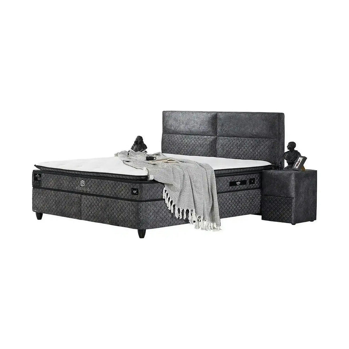 Pat BABYLON 180x200, gri inchis, stofa/burete/PAL/metal, cu somiera si lada pentru depozitare