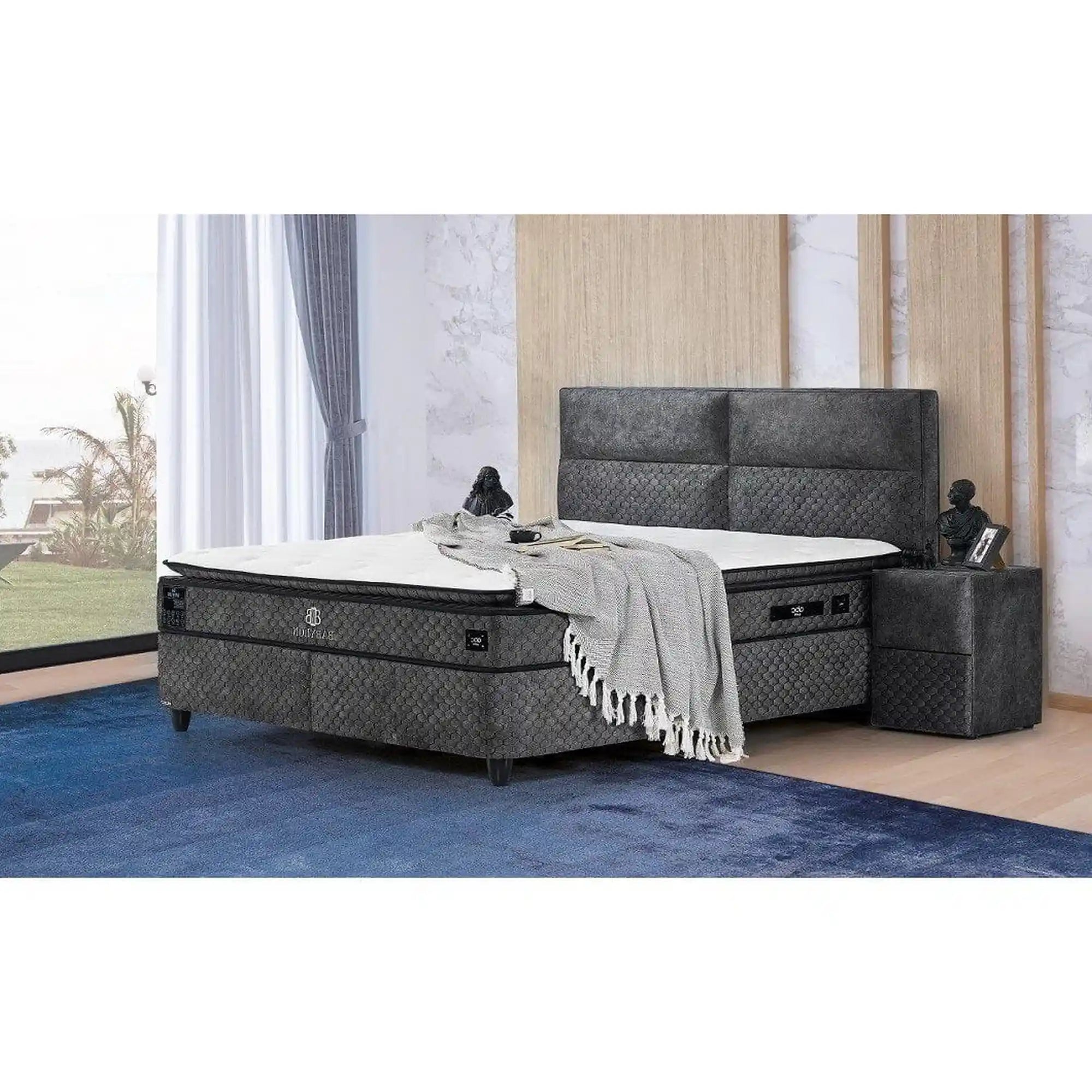 Pat BABYLON 180x200, gri inchis, stofa/burete/PAL/metal, cu somiera si lada pentru depozitare