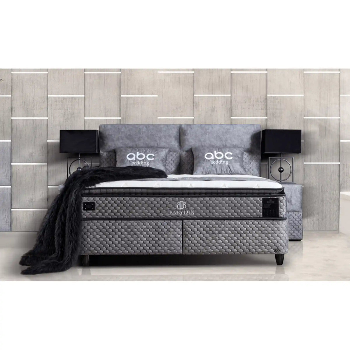 Pat BABYLON 180x200, gri inchis, stofa/burete/PAL/metal, cu somiera si lada pentru depozitare