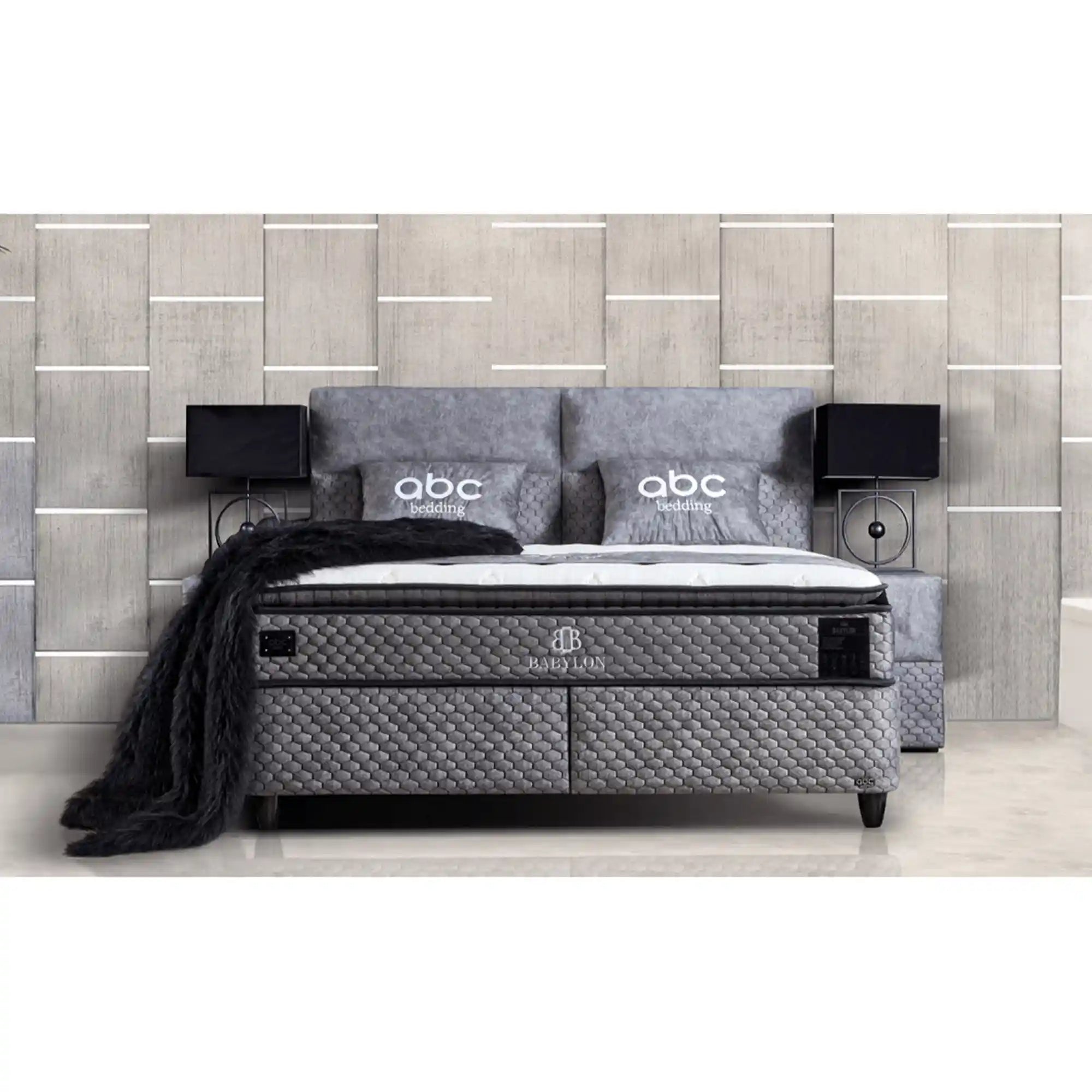 Pat BABYLON 180x200, gri inchis, stofa/burete/PAL/metal, cu somiera si lada pentru depozitare