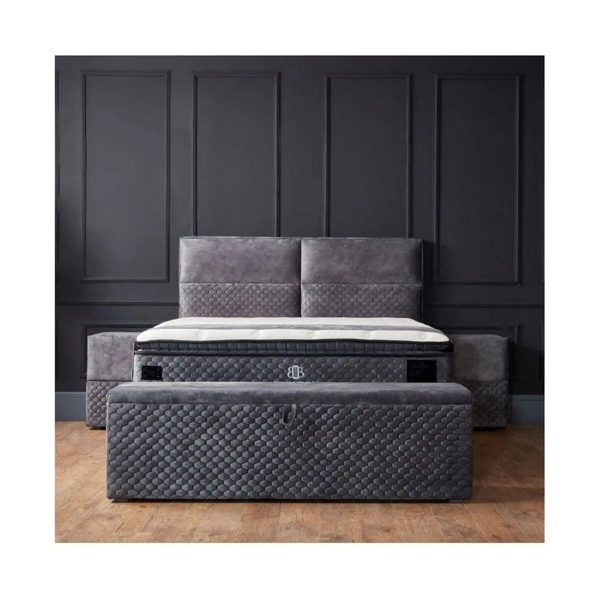 Pat BABYLON 180x200, gri inchis, stofa/burete/PAL/metal, cu somiera si lada pentru depozitare