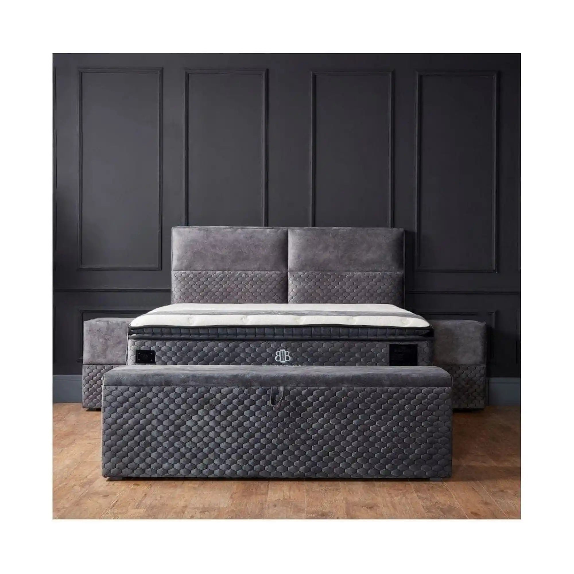 Pat BABYLON 180x200, gri inchis, stofa/burete/PAL/metal, cu somiera si lada pentru depozitare