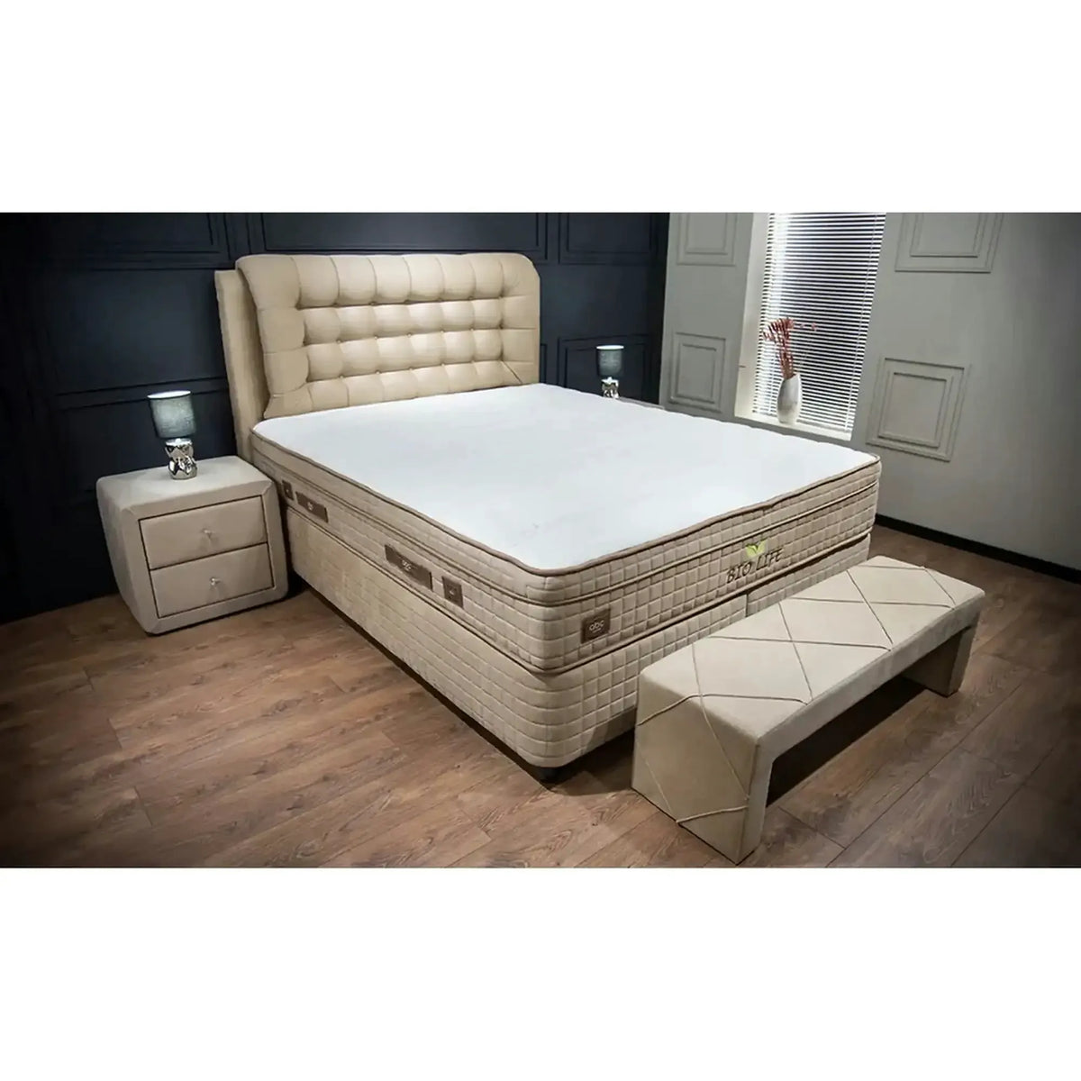 Pat BIO LIFE 140x200, bej, stofa/burete/PAL/metal, cu somiera, lada pentru depozitare si port USB