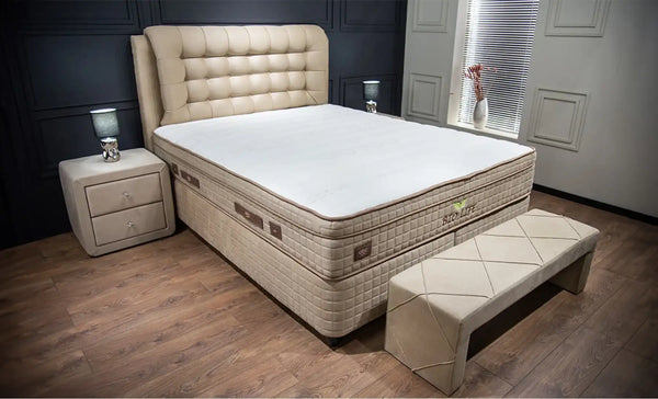 Pat BIO LIFE 160x200, bej, stofa/burete/PAL/metal, cu somiera, lada pentru depozitare si port USB