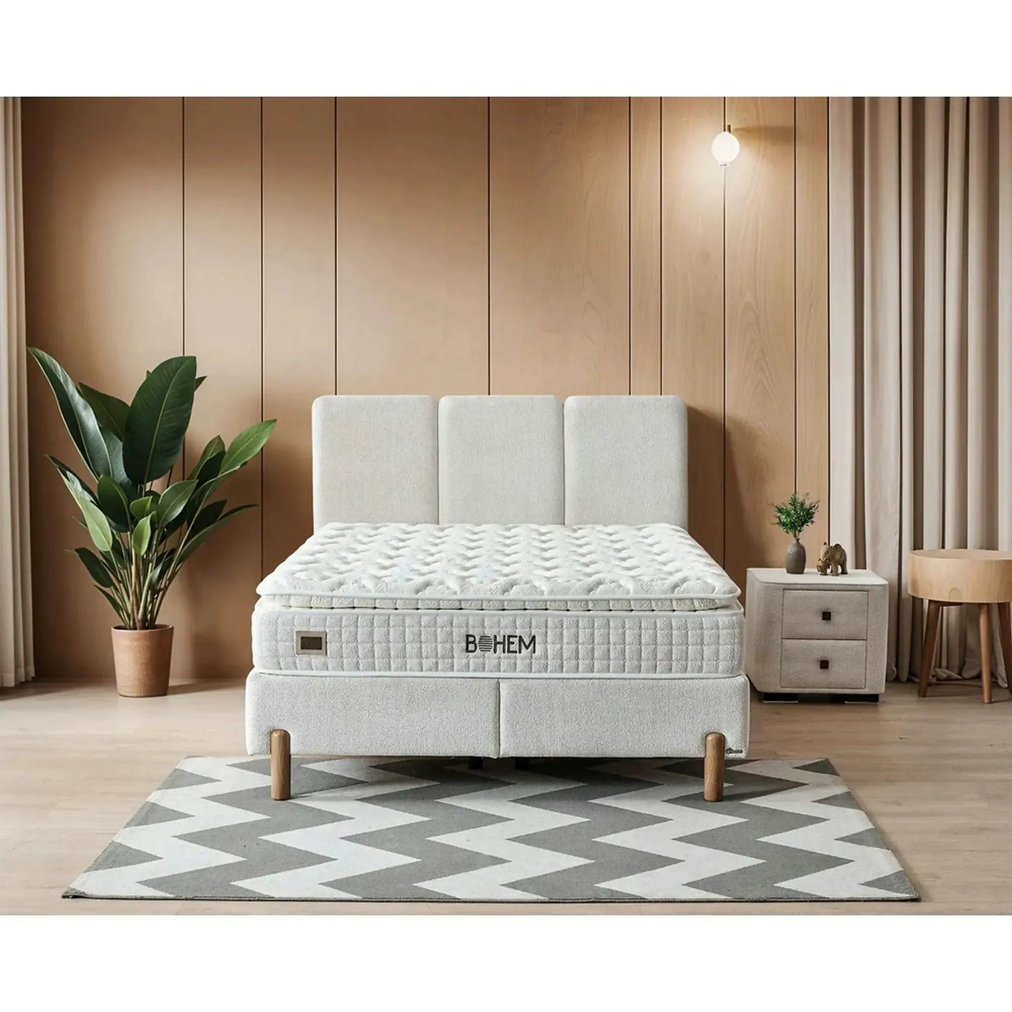 Set pat cu saltea BOHEM 160x200, stofa crem - Gloria G0001, cu somiera si spatiu depozitare