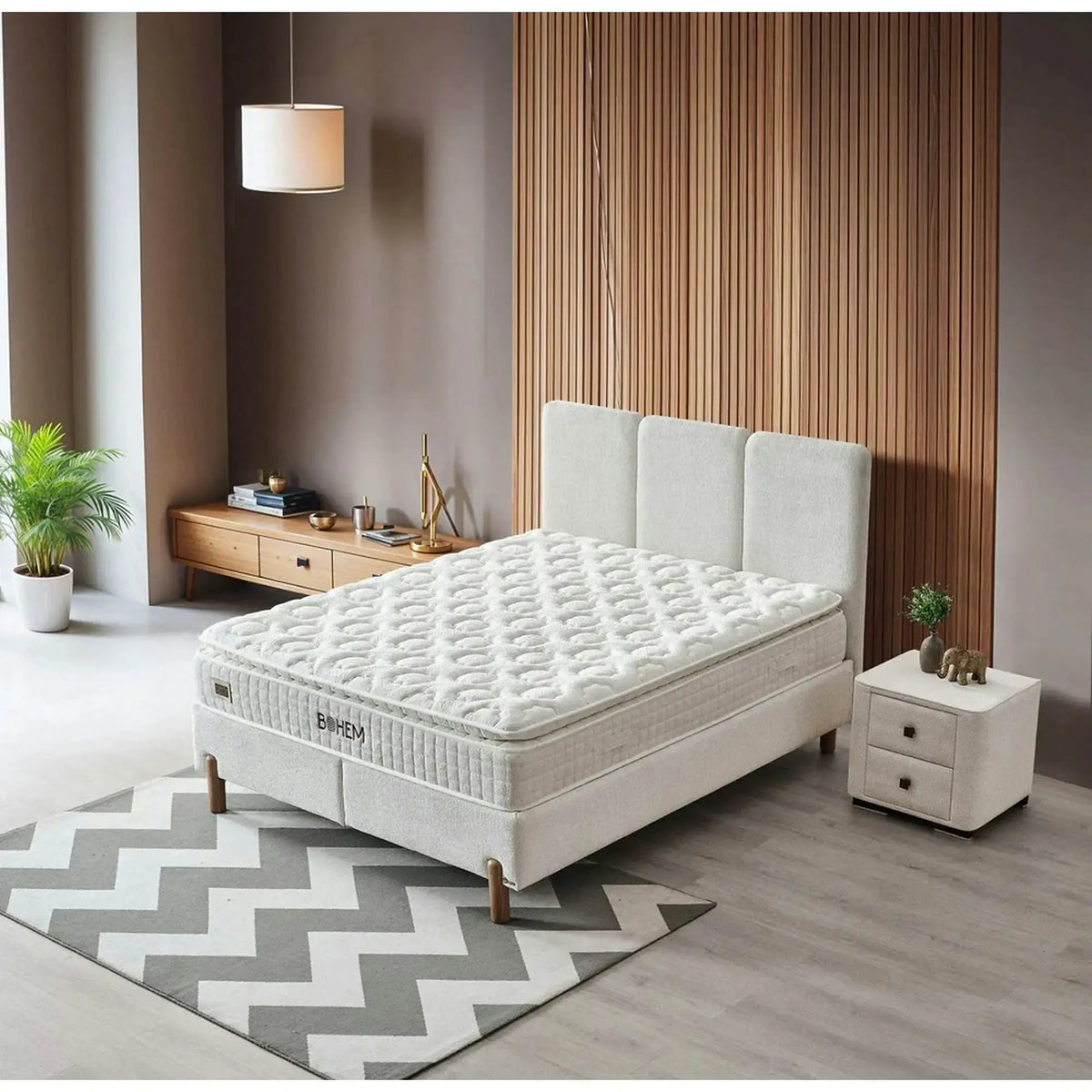 Set pat cu saltea BOHEM 160x200, stofa crem - Gloria G0001, cu somiera si spatiu depozitare