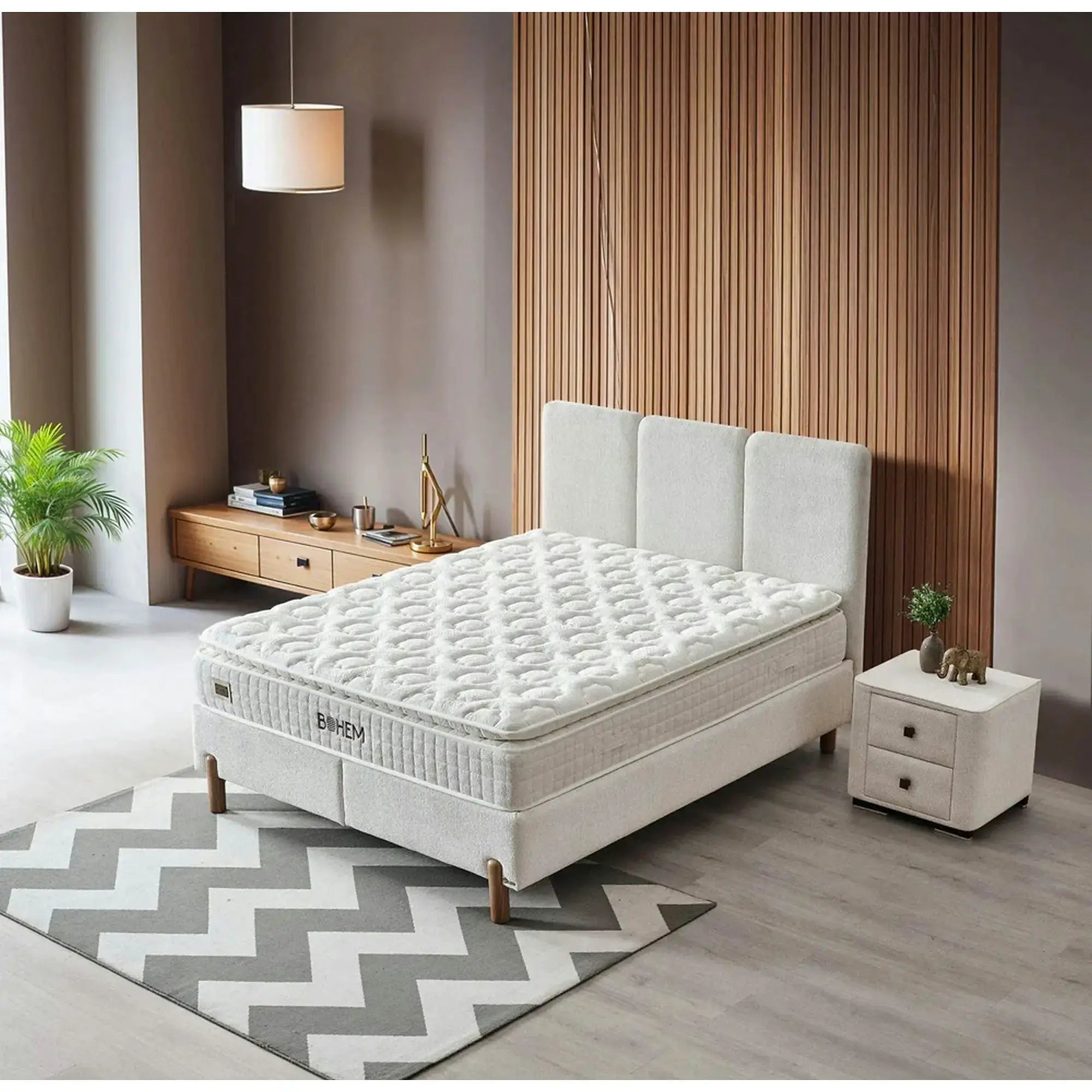 Set pat cu saltea BOHEM 160x200, stofa crem - Gloria G0001, cu somiera si spatiu depozitare