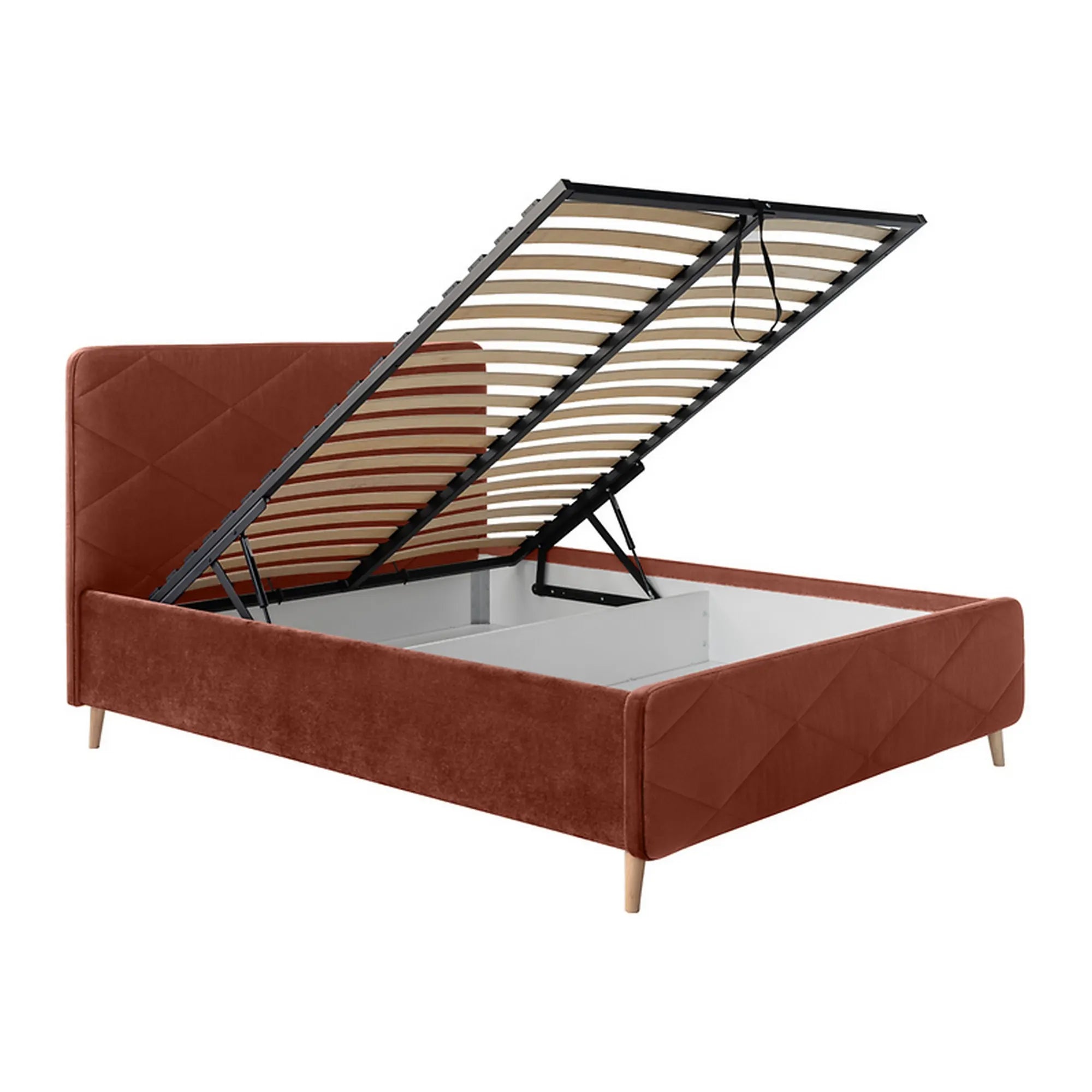 Pat BONDO 140x200, stofa catifelata portocaliu - Amon 23, cu somiera si spatiu depozitare