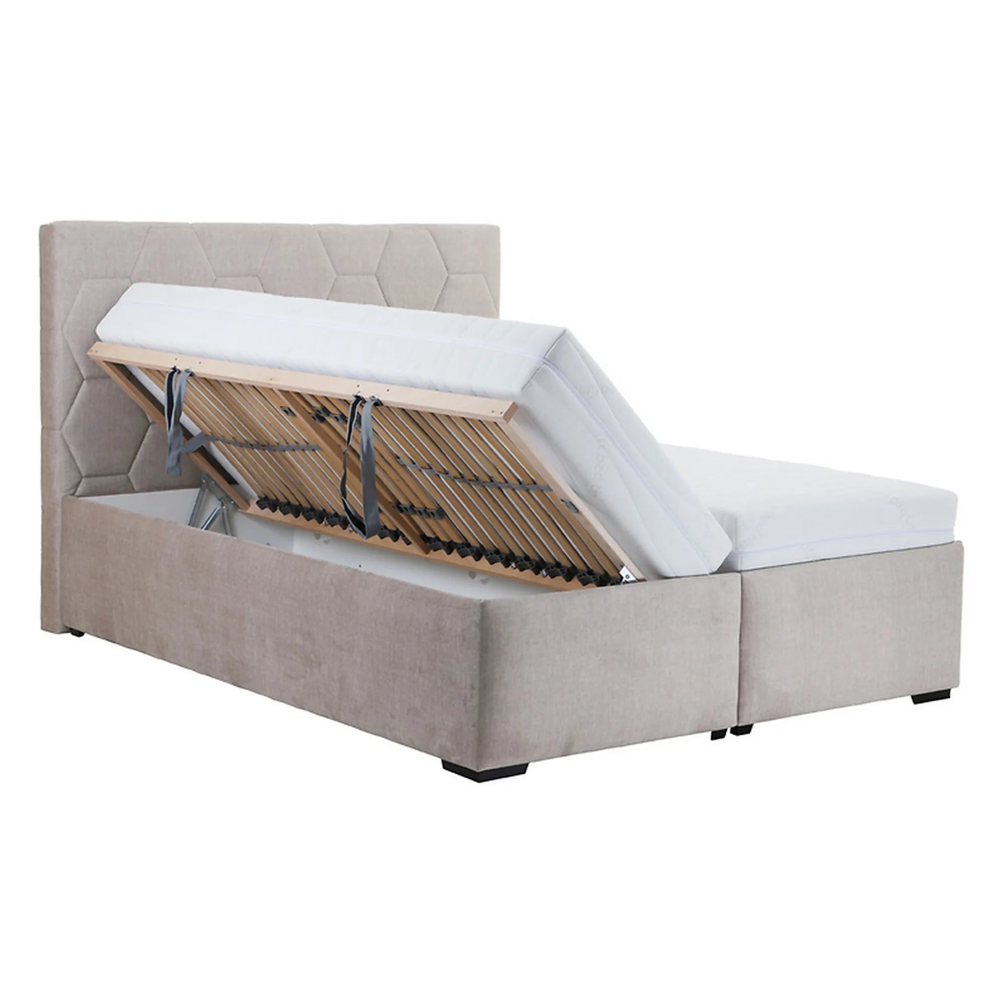 Pat BORA 160x200, stofa catifelata bej - Vogue 2, cu somiera si spatiu depozitare