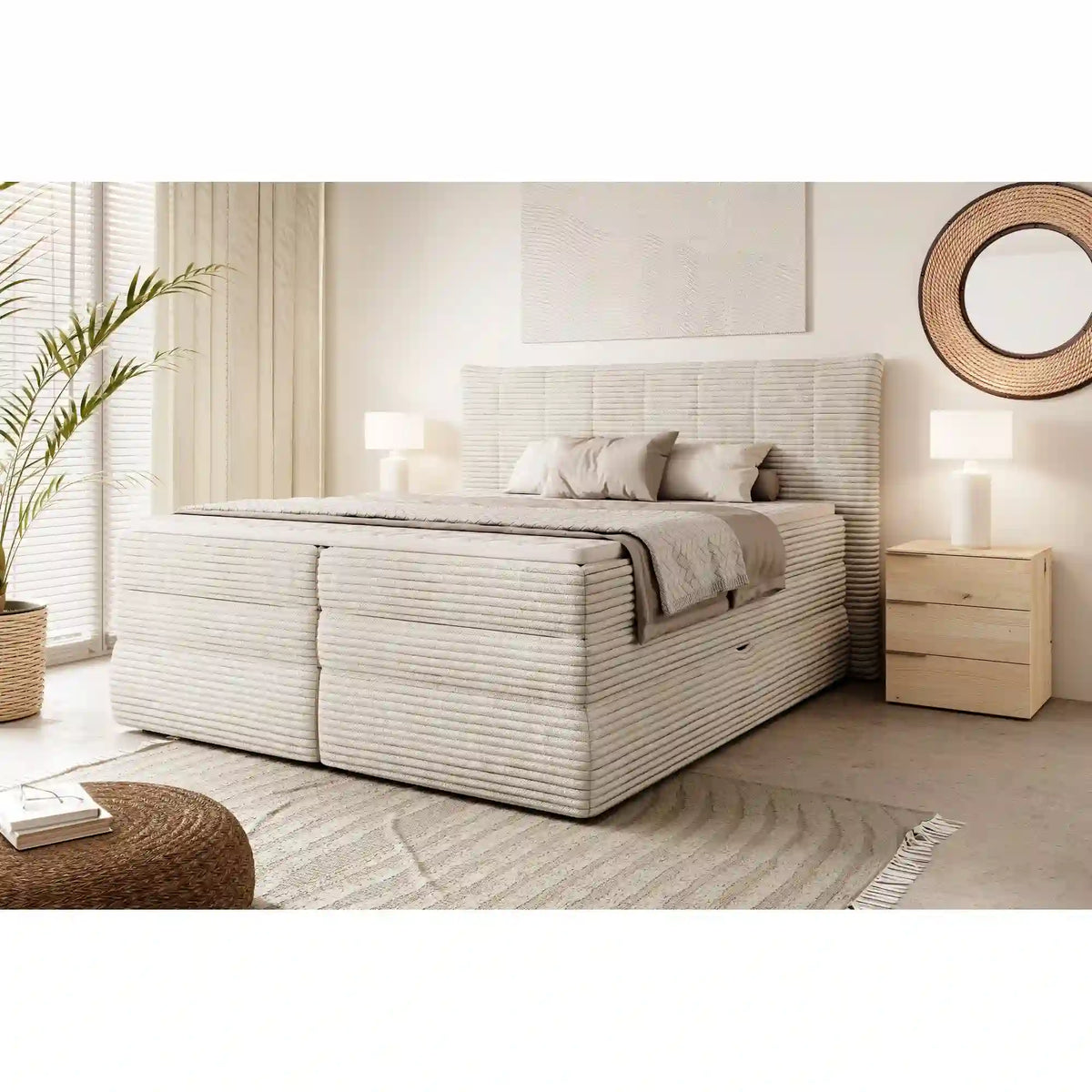 Pat boxspring AMBER 140x200, personalizabil materiale Gama Premium, cu spatiu depozitare, saltele si topper