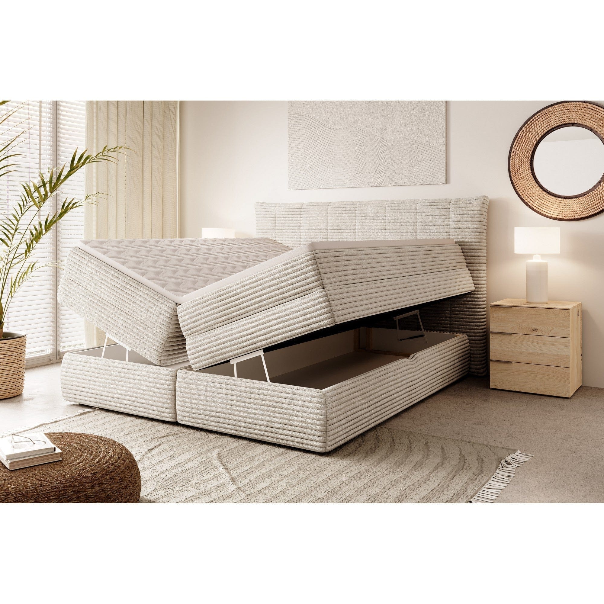 Pat boxspring AMBER 180x200, personalizabil materiale Gama Premium, cu spatiu depozitare, saltele si topper