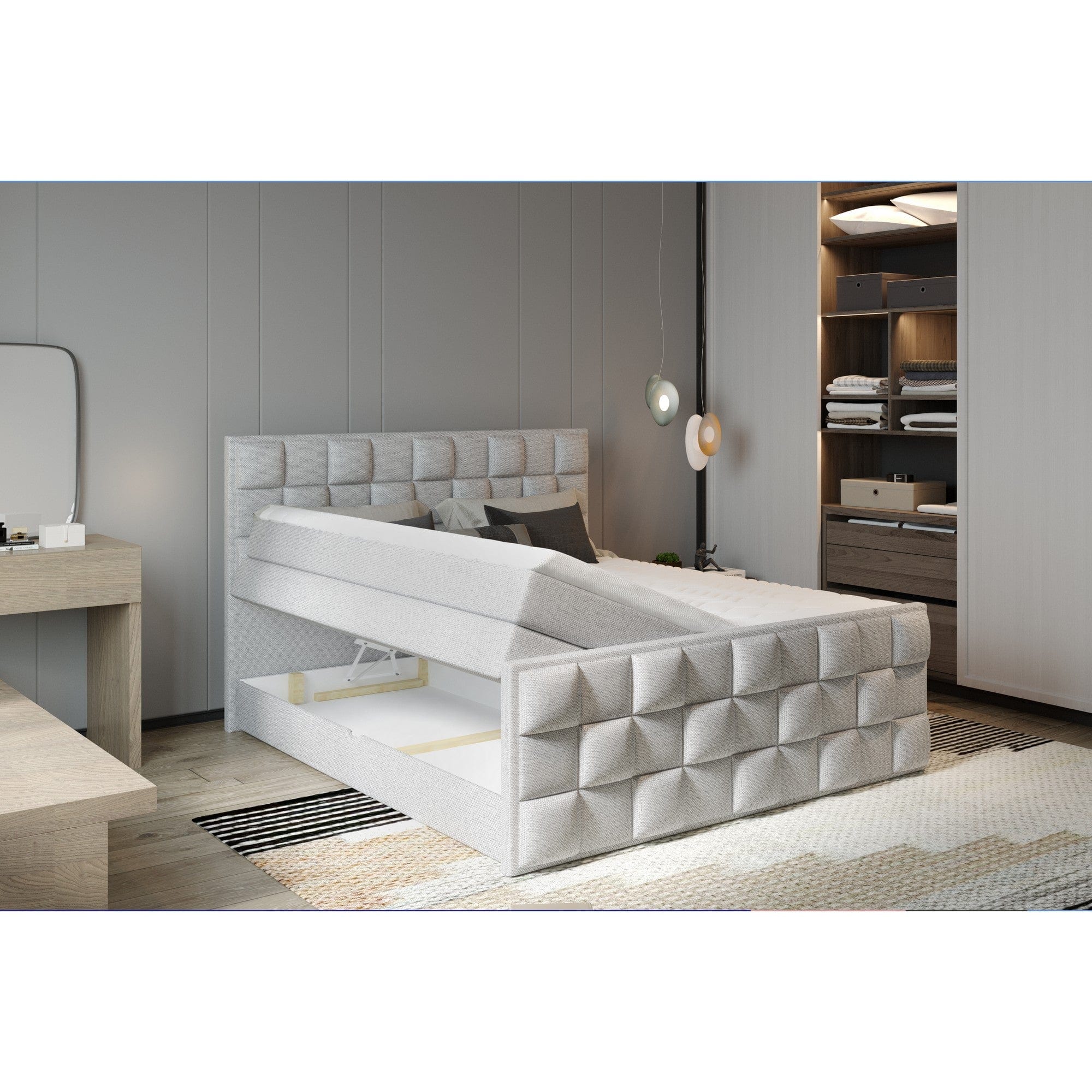 Pat boxspring FLOP 180x200, personalizabil materiale Gama Premium, cu spatiu depozitare, saltele si topper