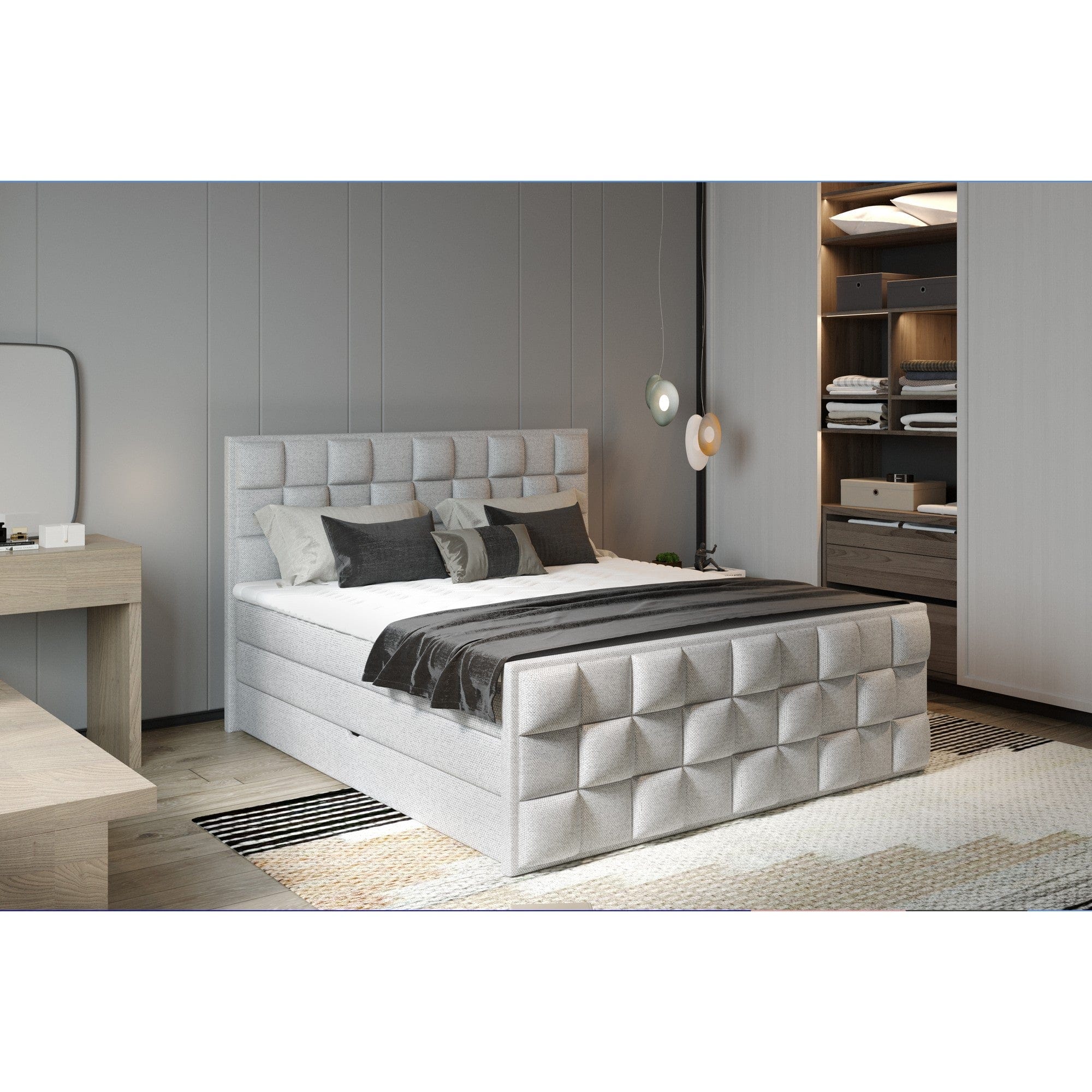 Pat boxspring FLOP 180x200, personalizabil materiale Gama Premium, cu spatiu depozitare, saltele si topper