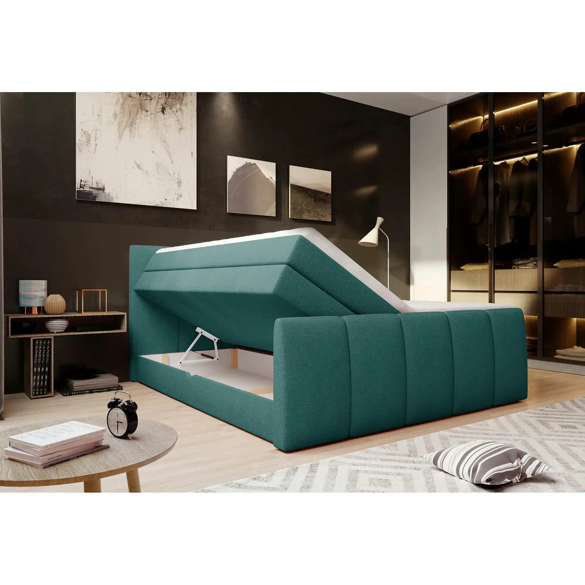 Pat boxspring FRESCO 140x200, stofa catifelata gri deschis - Royal Velvet 17, cu saltele, topper si 2 lazi pentru depozitare