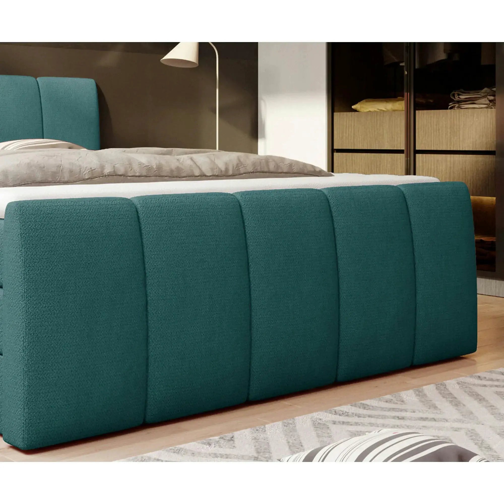 Pat boxspring FRESCO 140x200, stofa catifelata gri deschis - Royal Velvet 17, cu saltele, topper si 2 lazi pentru depozitare