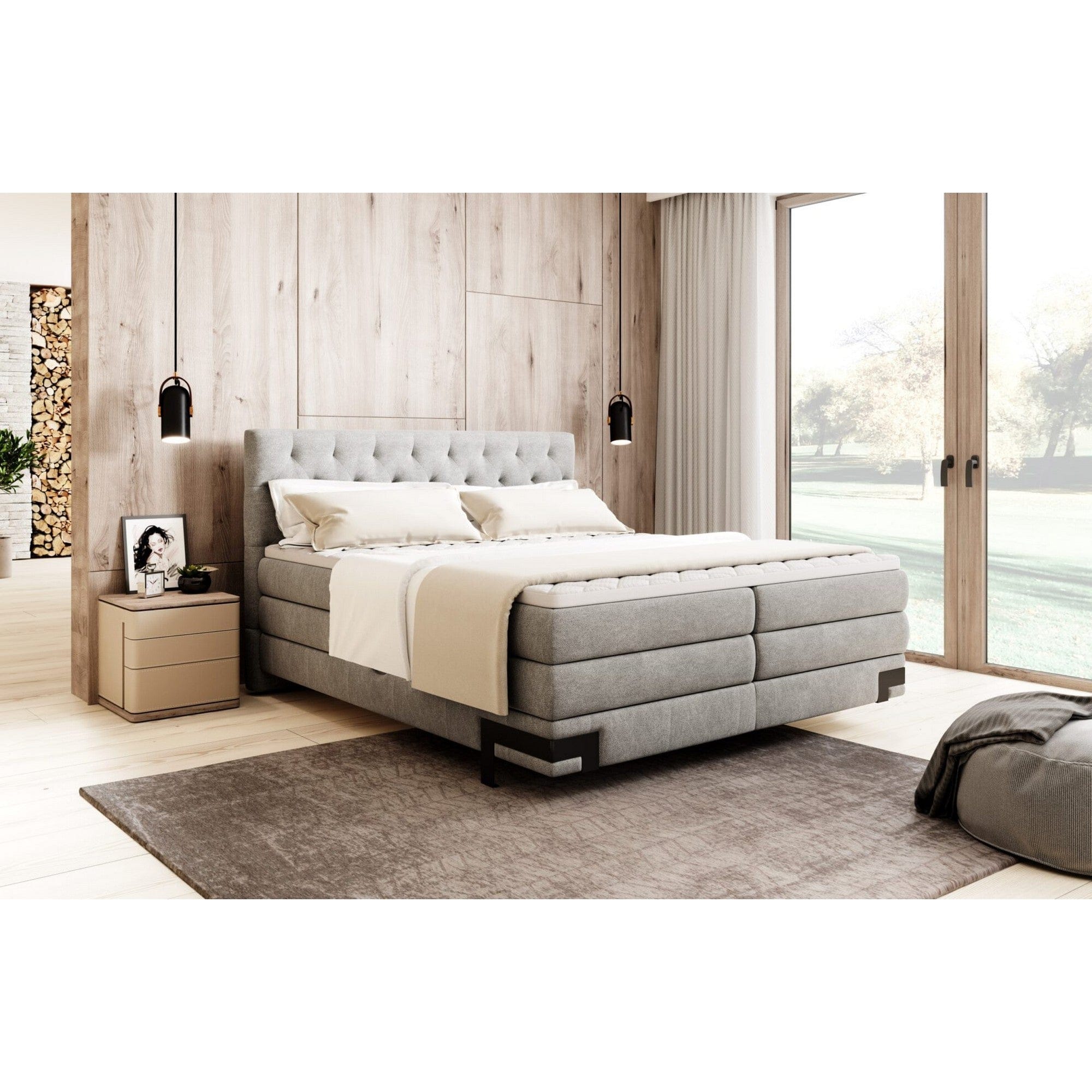 Pat boxspring GODIN 140x200, personalizabil materiale gama Oferta Avantaj, 2 lazi depozitare, cu saltele si topper