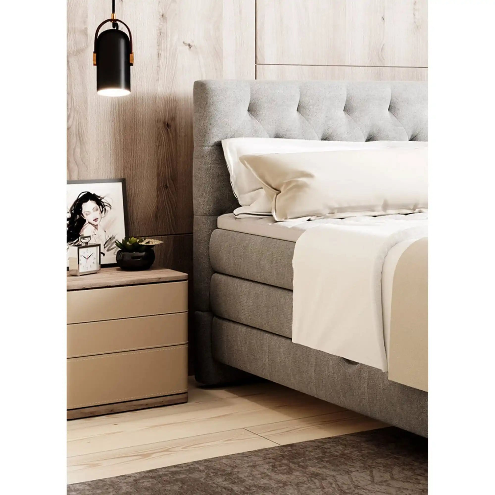 Pat boxspring GODIN 140x200, personalizabil materiale Gama Premium, 2 lazi depozitare, cu saltele si topper