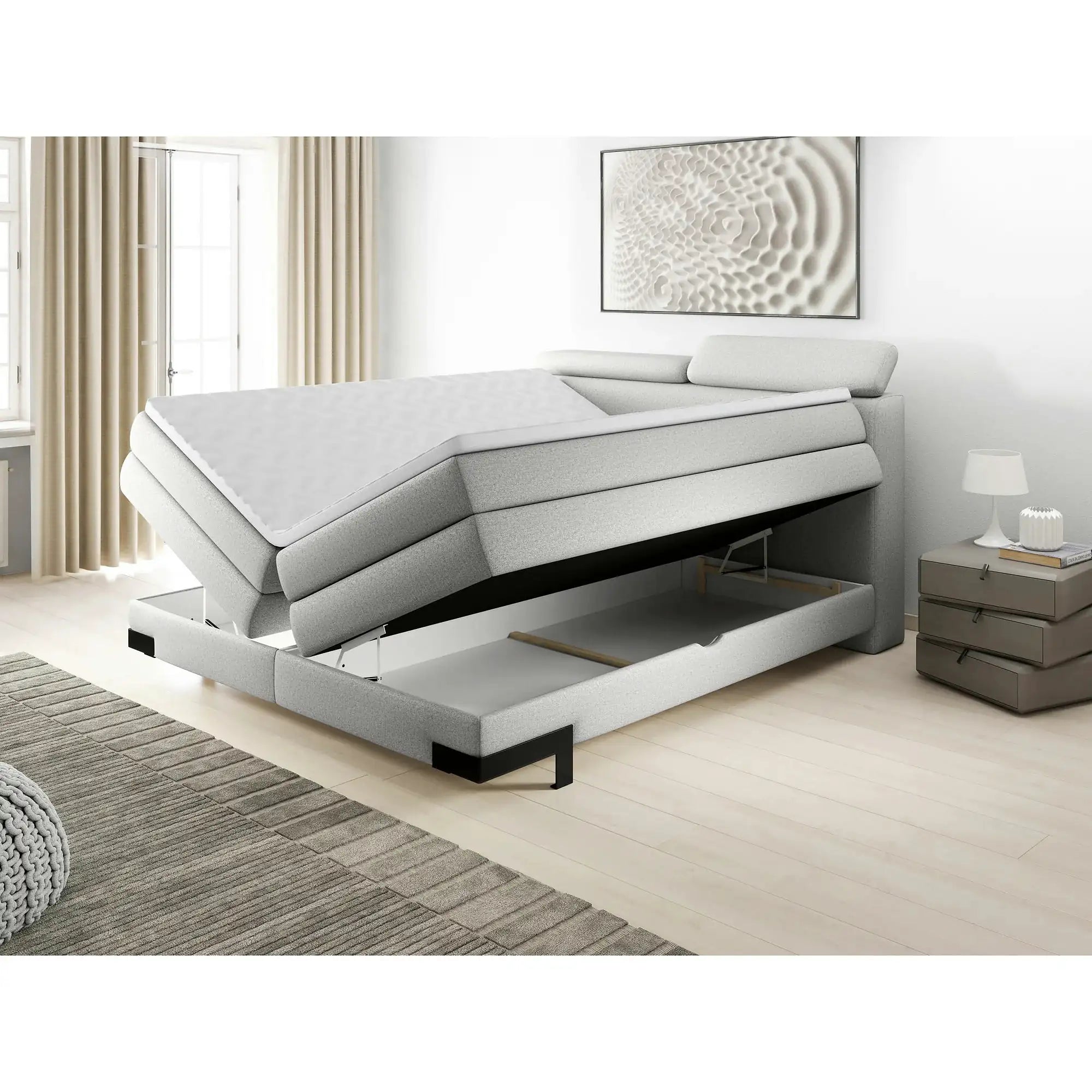 Pat boxspring KANO 160x200, personalizabil, cu saltea, topper, tetiere reglabile si 2 spatii pentru depozitare