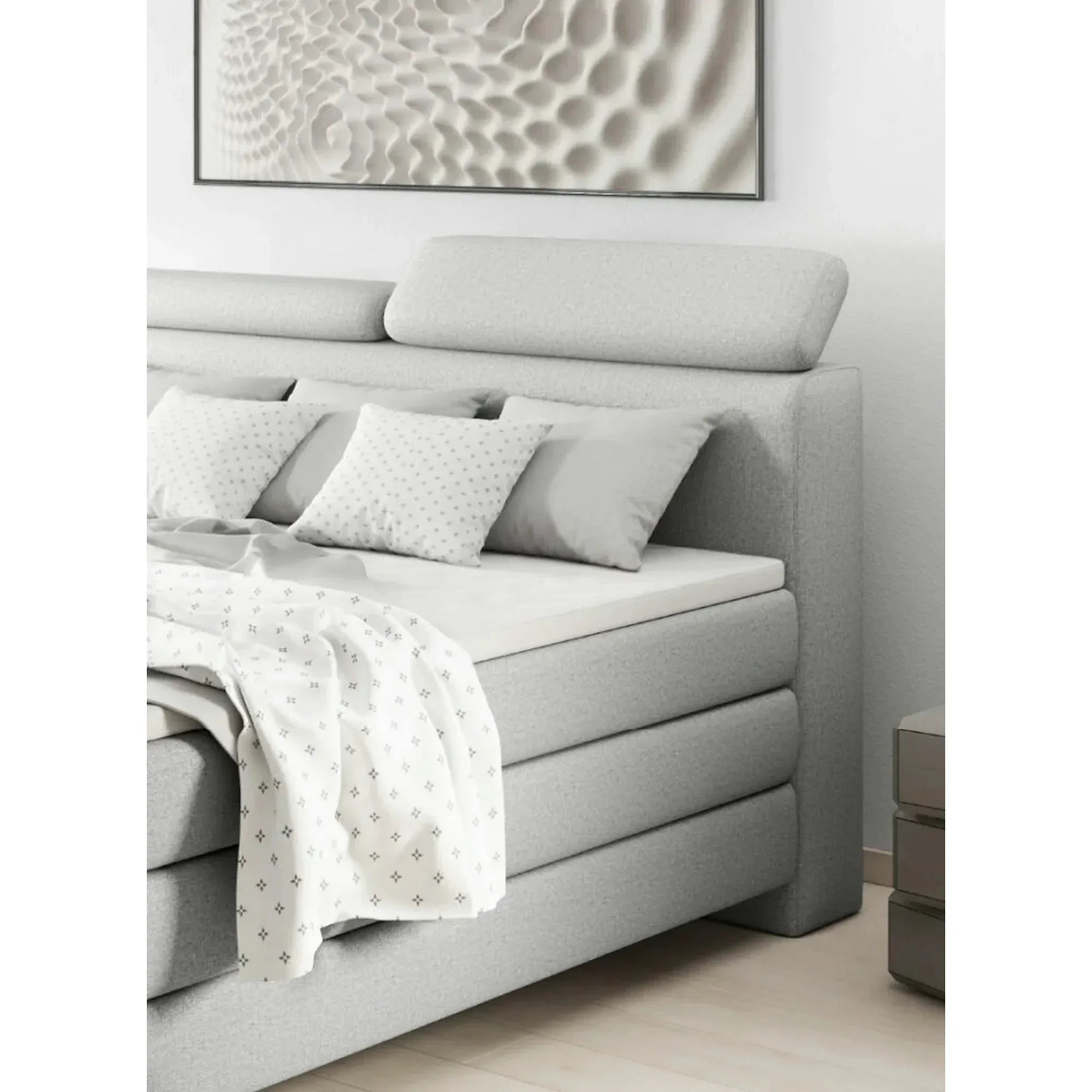 Pat boxspring KANO 160x200, personalizabil, cu saltea, topper, tetiere reglabile si 2 spatii pentru depozitare