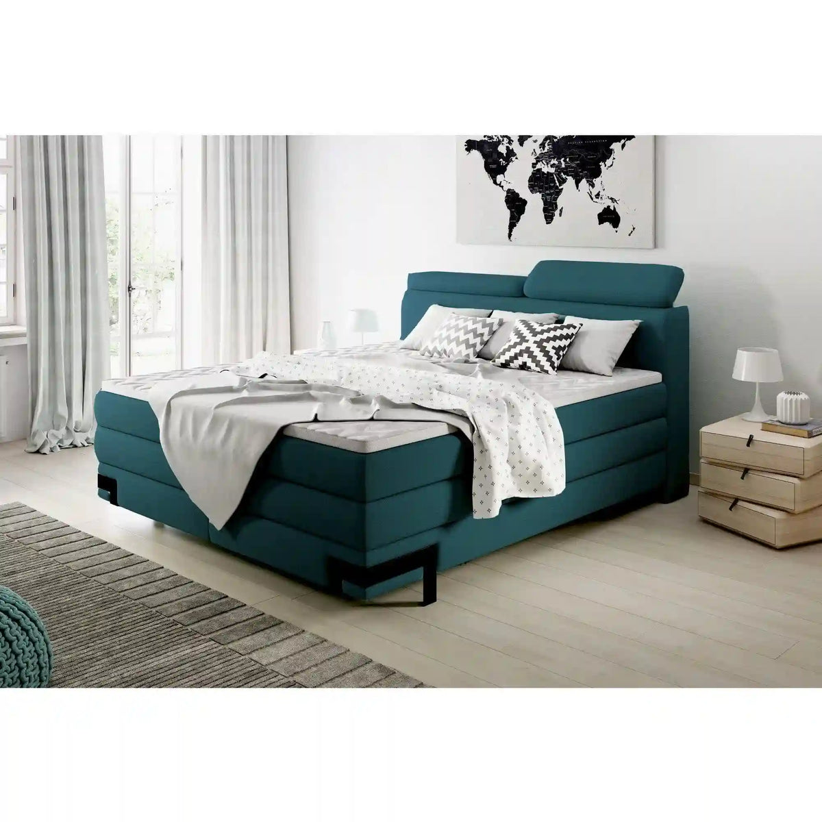 Pat boxspring KANO 160x200, stofa catifelata albastru - Palladium 14, Gama Premium, cu saltea, topper, tetiere reglabile si 2 spatii depozitare