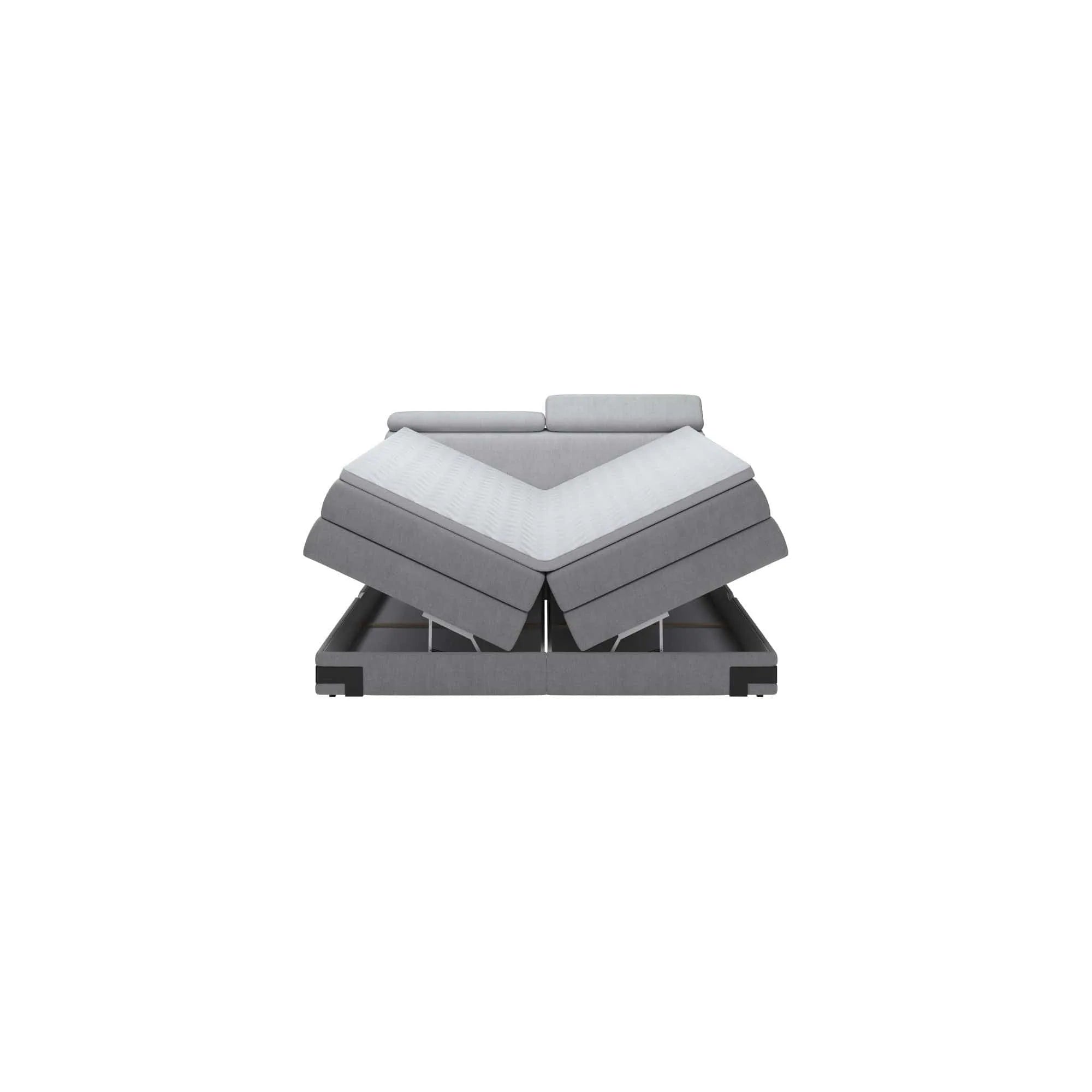 Pat boxspring KANO 160x200, stofa gri - Austin 17, cu saltea, topper, tetiere reglabile si 2 spatii pentru depozitare