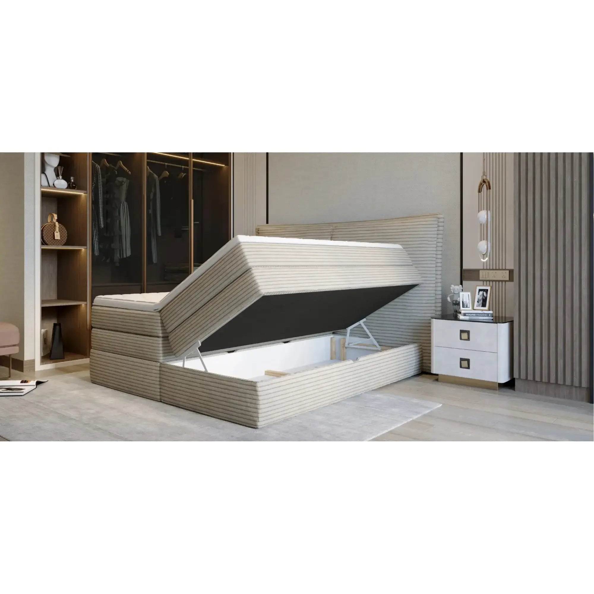 Pat boxspring MADDEN 140x200, personalizabil materiale Gama Premium, 2 lazi depozitare, cu saltele si topper