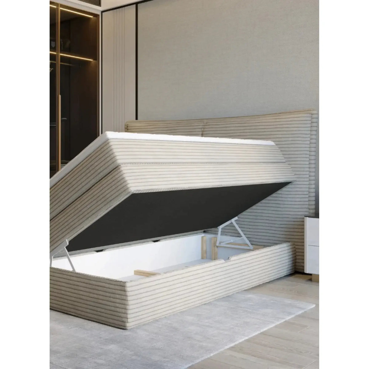 Pat boxspring MADDEN 160x200, personalizabil materiale gama Oferta Avantaj, 2 lazi depozitare, cu saltele si topper
