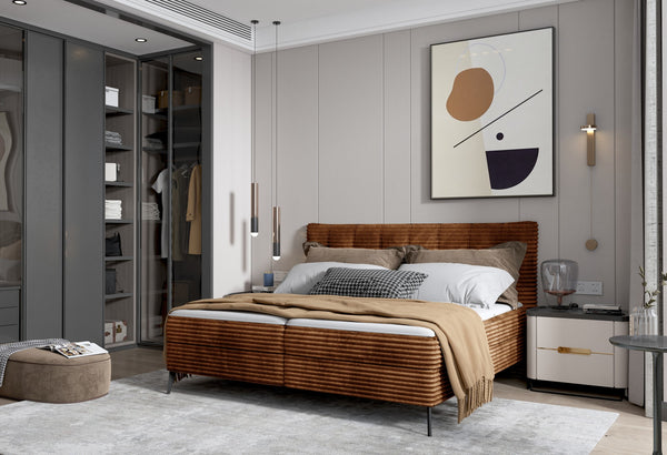 Pat boxspring MARTINA 140x200, personalizabil materiale Gama Oferta Avantaj, cu saltea, topper si lada depozitare