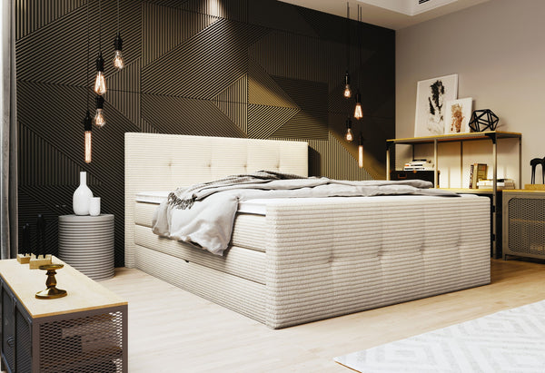 Pat boxspring MEDINO 140x200, personalizabil materiale Gama Premium, cu saltele, topper si lada pentru depozitare