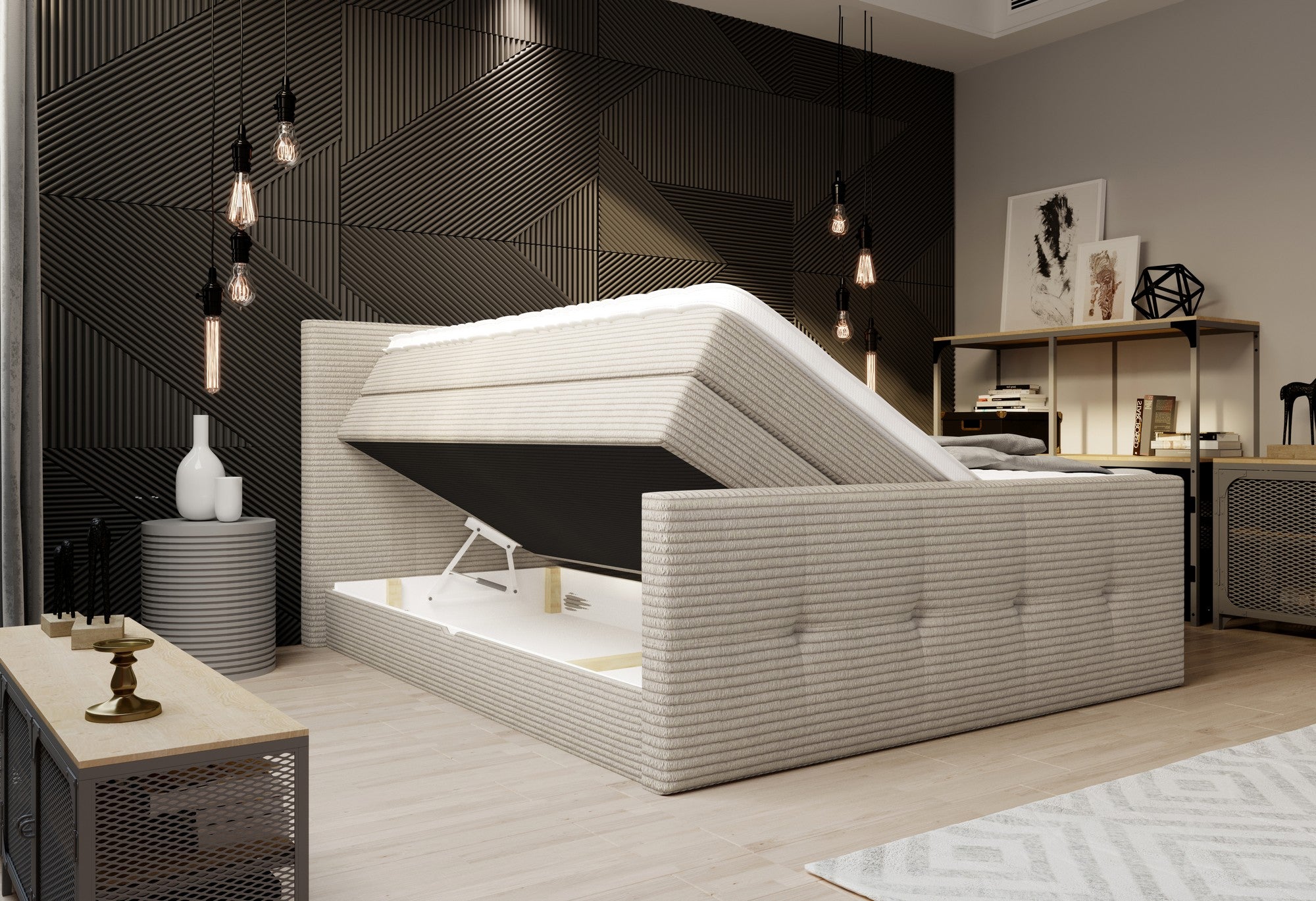 Pat boxspring MEDINO 160x200, personalizabil materiale Gama Premium, cu saltele, topper si lada pentru depozitare