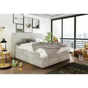 Pat boxspring MINOLA 140x200, personalizabil, cu saltele, topper si 2 lazi pentru depozitare