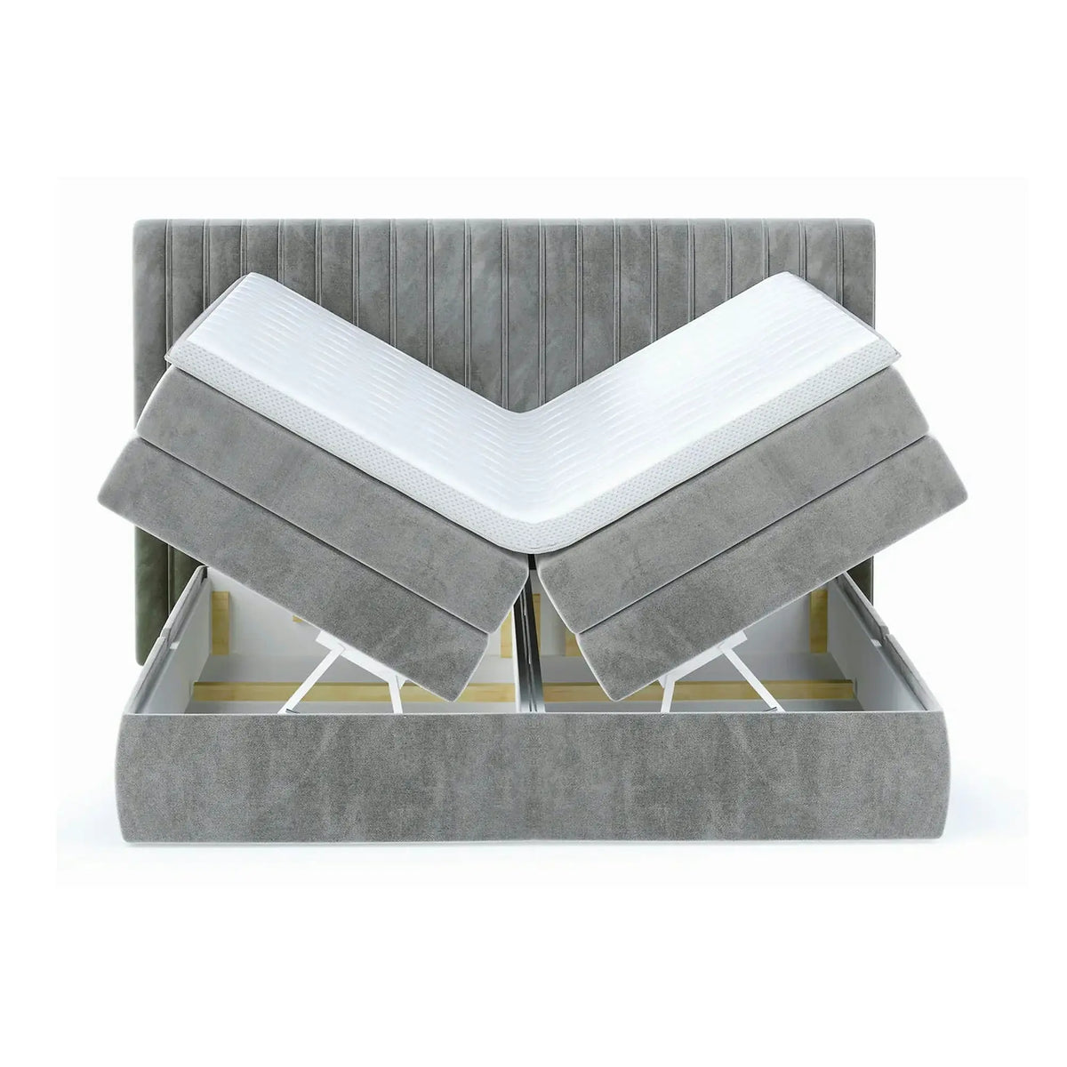 Pat boxspring MINOLA 140x200, personalizabil, cu saltele, topper si 2 lazi pentru depozitare