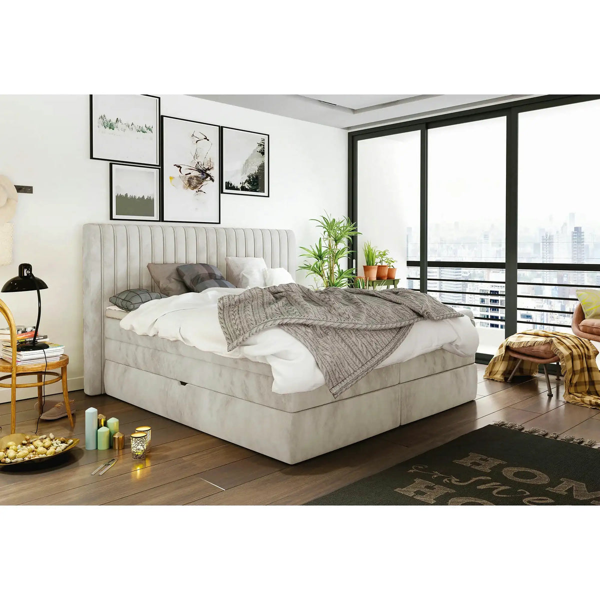 Pat boxspring MINOLA 160x200, personalizabil, cu saltele, topper si 2 lazi pentru depozitare