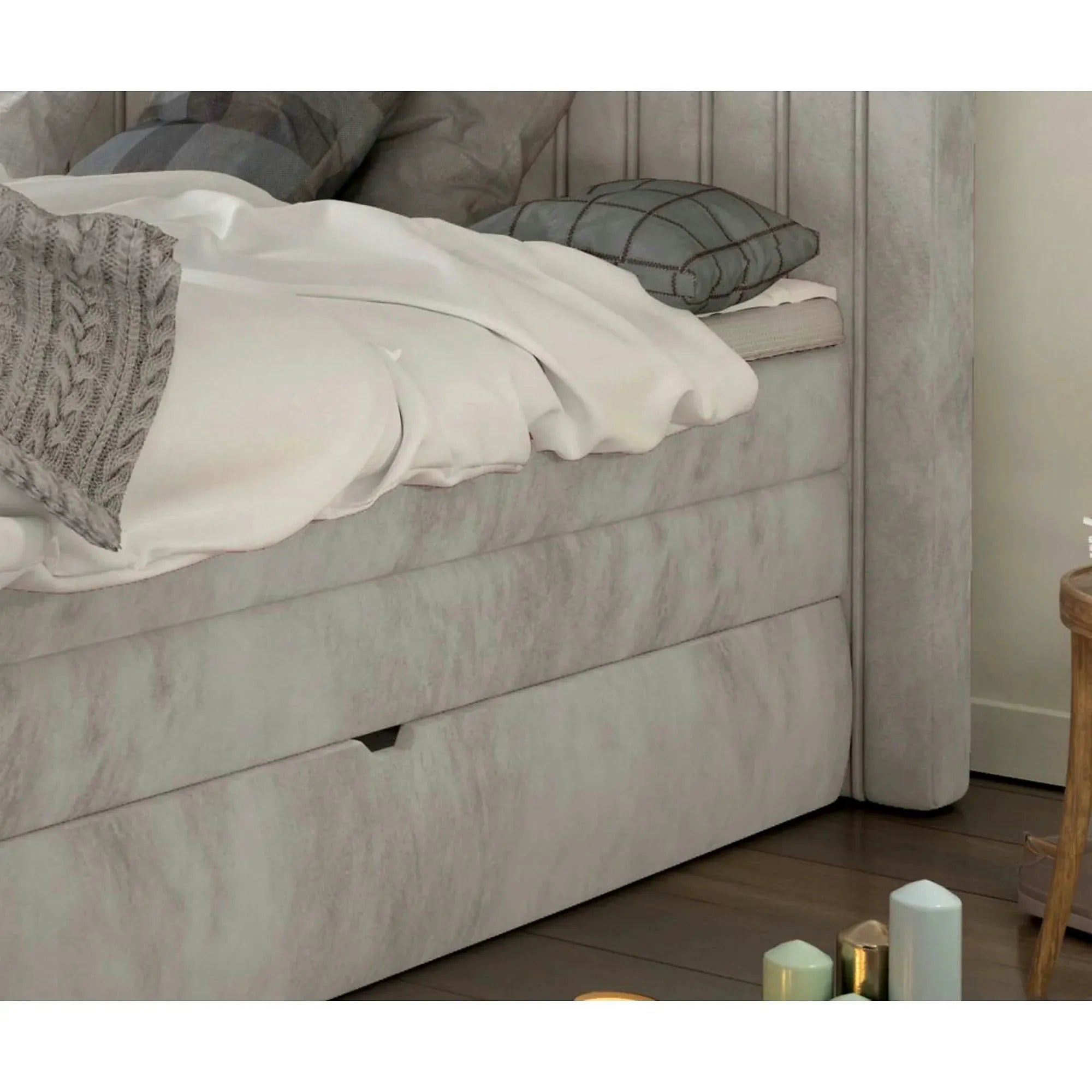 Pat boxspring MINOLA 160x200, personalizabil, cu saltele, topper si 2 lazi pentru depozitare