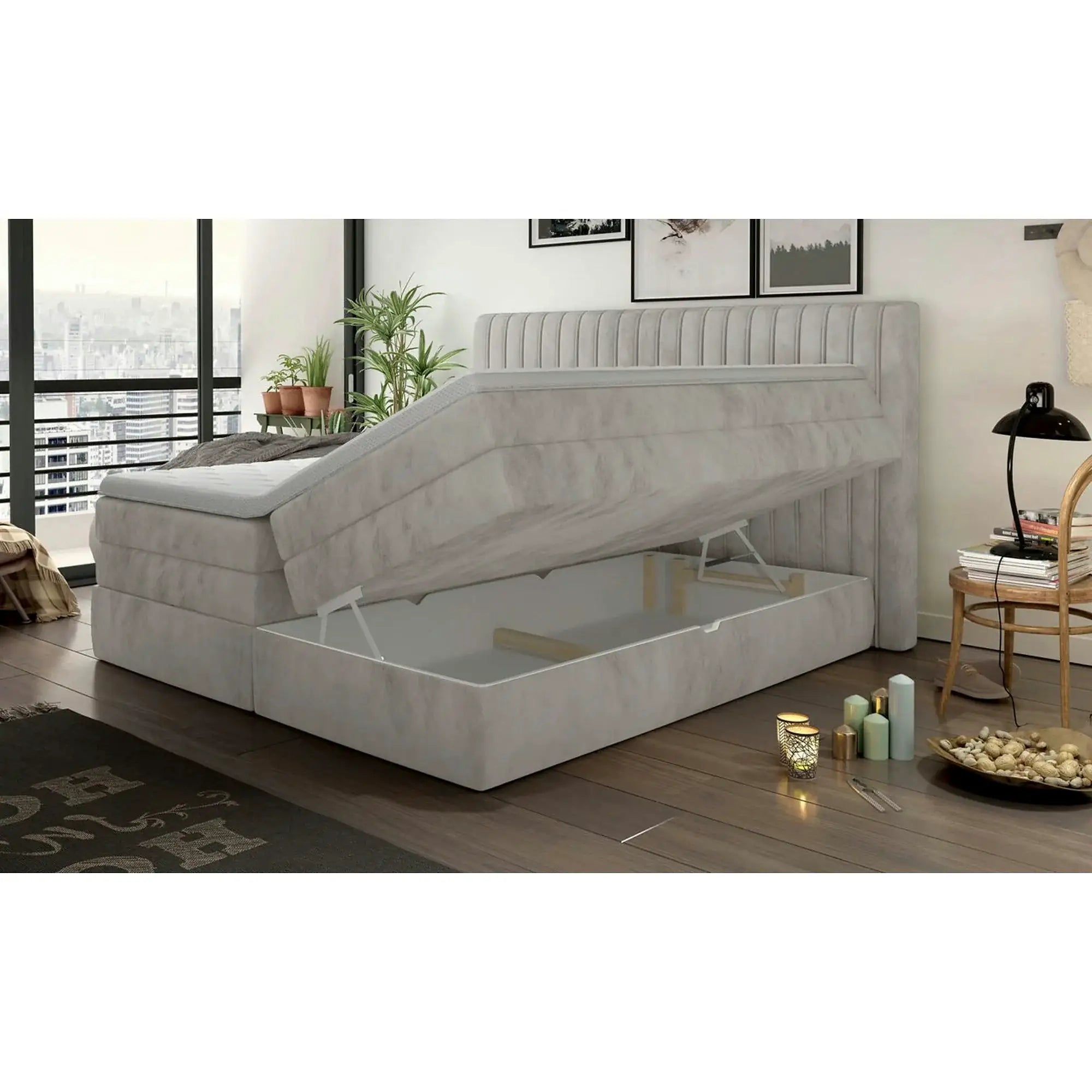 Pat boxspring MINOLA 160x200, personalizabil, cu saltele, topper si 2 lazi pentru depozitare