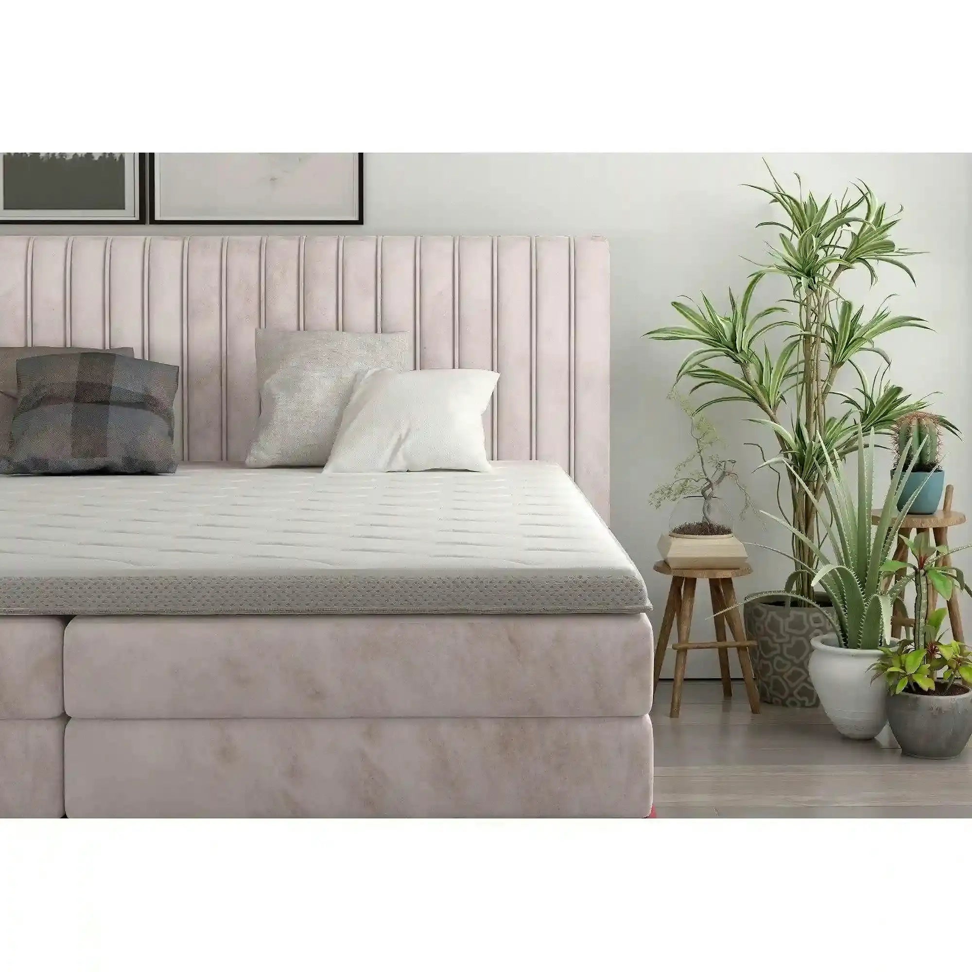 Pat boxspring MINOLA 160x200, stofa catifelata bej - Riviera 16, cu saltele, topper si 2 lazi pentru depozitare