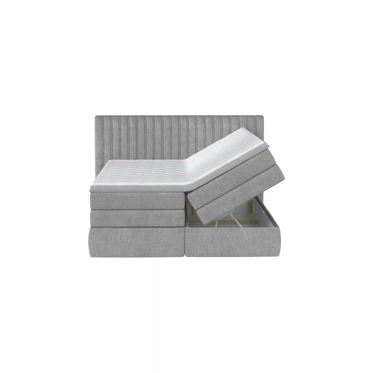 Pat boxspring MINOLA 160x200, stofa catifelata bej - Riviera 16, Gama Premium, cu saltele, topper si 2 lazi pentru depozitare