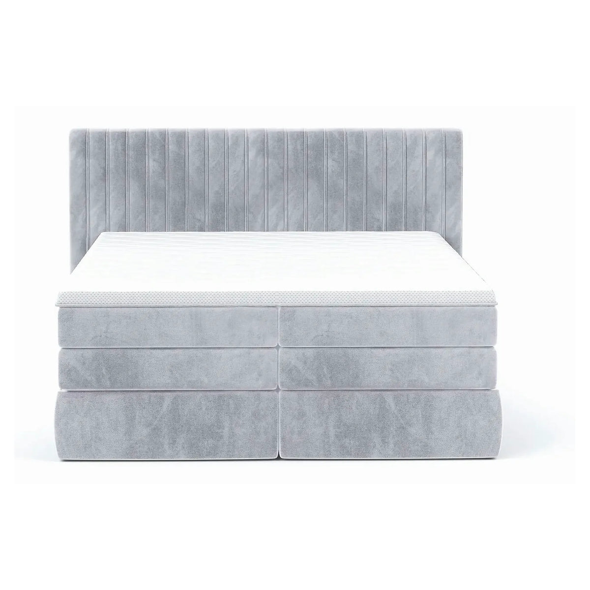 Pat boxspring MINOLA 160x200, stofa catifelata crem - Riviera 21, cu saltele, topper si 2 lazi pentru depozitare