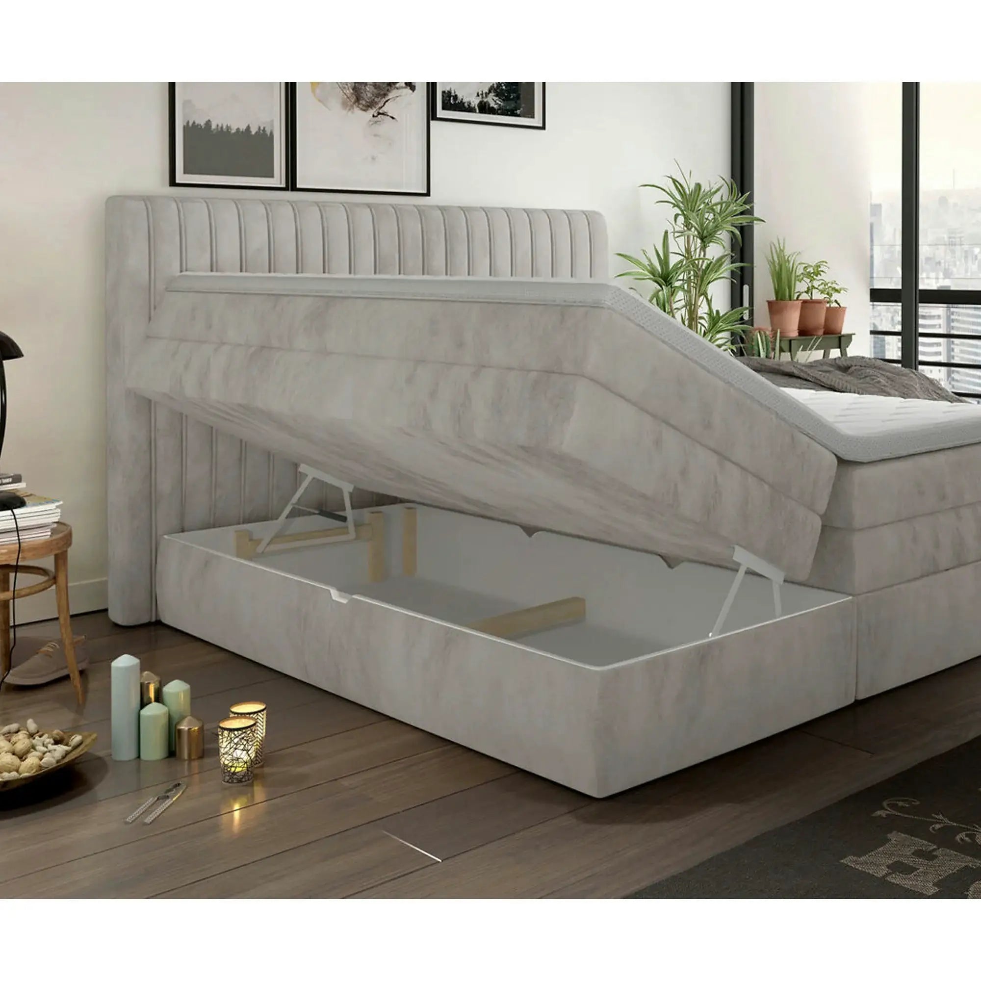 Pat boxspring MINOLA 160x200, stofa catifelata crem - Riviera 21, cu saltele, topper si 2 lazi pentru depozitare