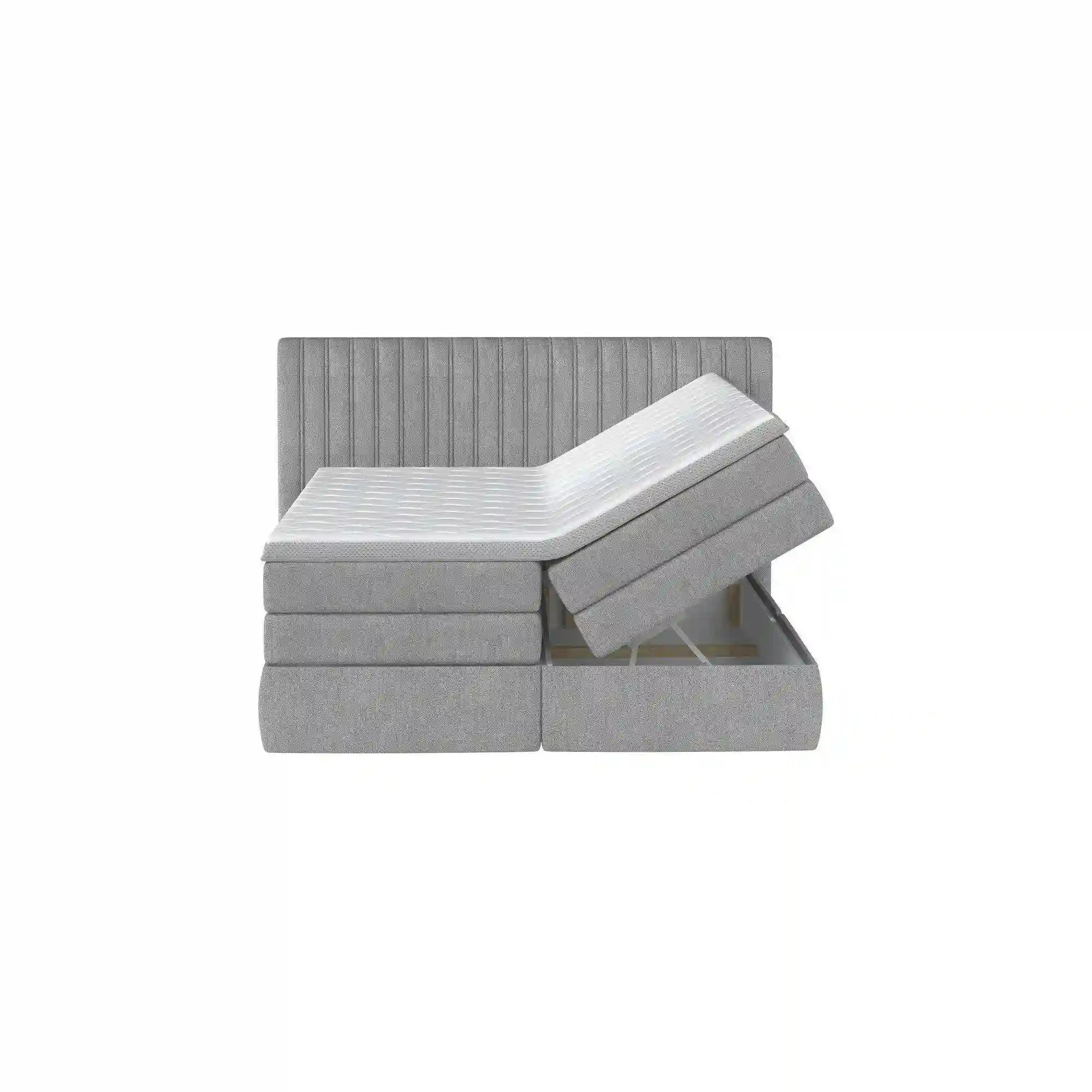 Pat boxspring MINOLA 160x200, stofa catifelata crem - Riviera 21, Gama Premium, cu saltele, topper si 2 lazi pentru depozitare