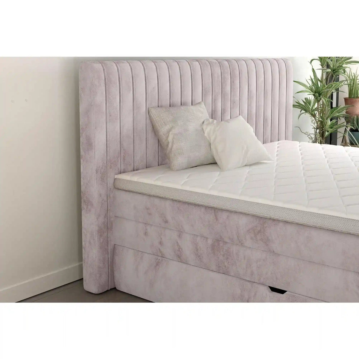 Pat boxspring MINOLA 160x200, stofa catifelata crem - Riviera 21, Gama Premium, cu saltele, topper si 2 lazi pentru depozitare